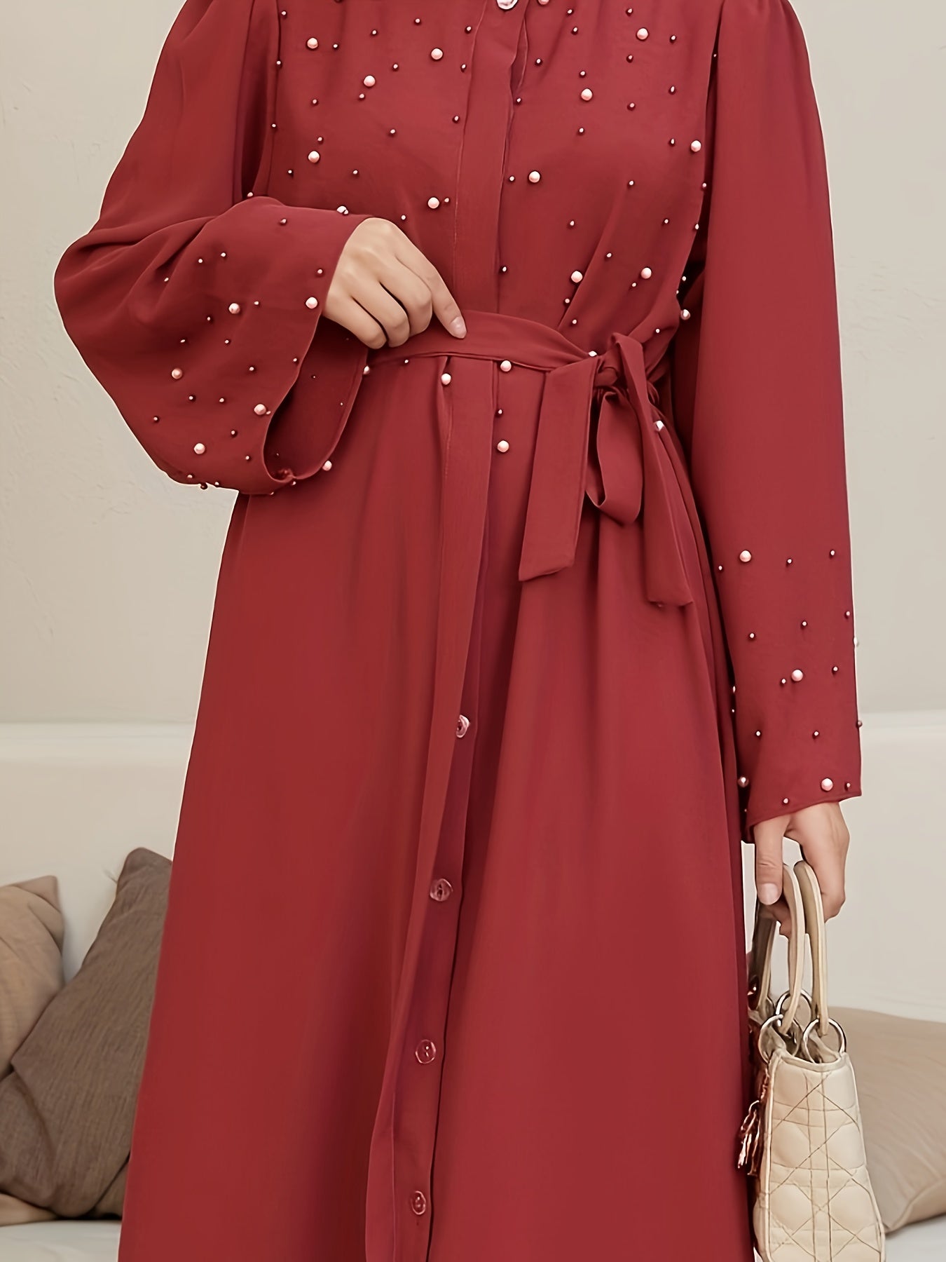 Ramadan Button Front Tie Waist Beaded Burqas, Elegant Long Sleeve Maxi Length Dress, Women's Clothing