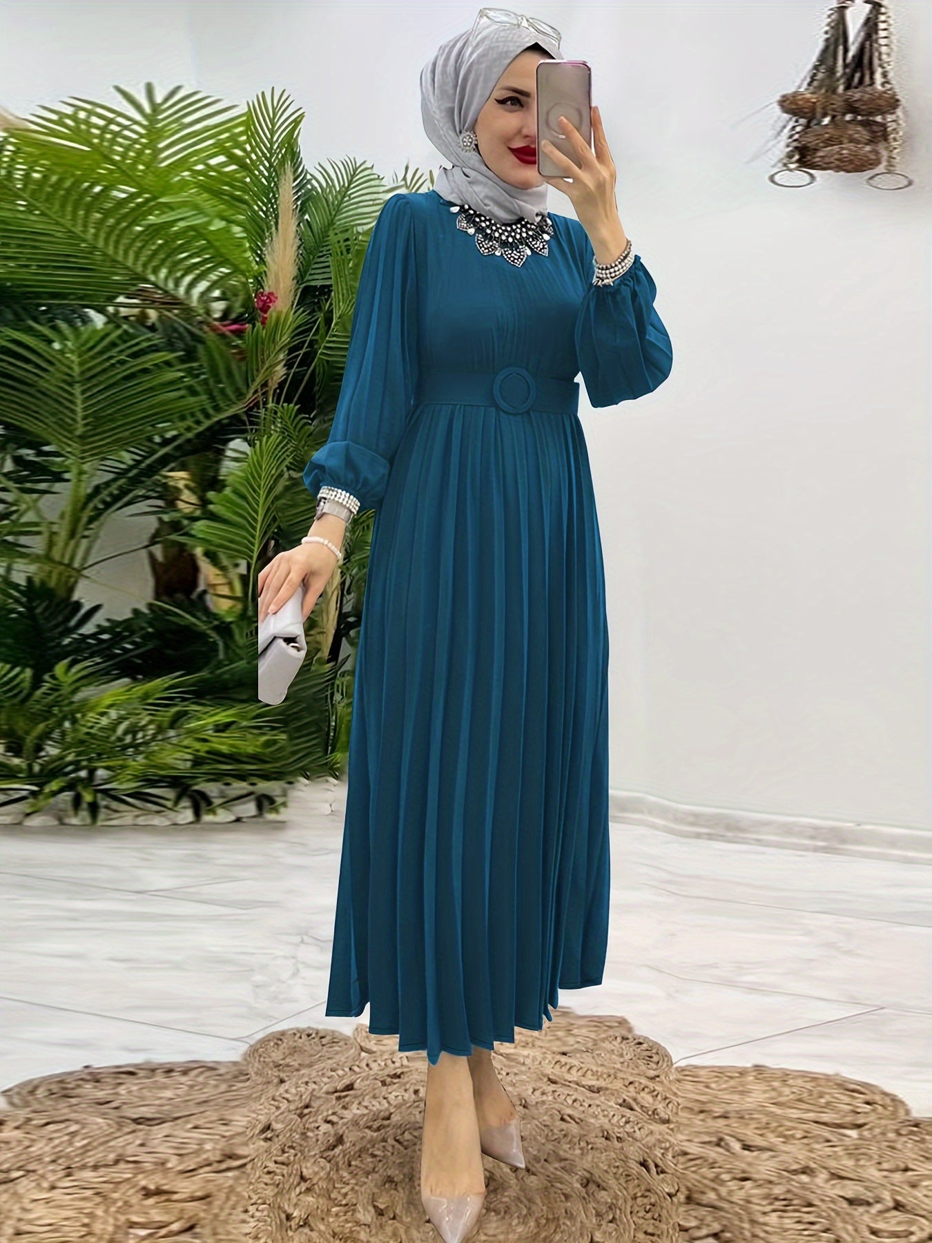 Ruffle Hem Crew Neck Abayas Dress, Elegant Maxi Dress