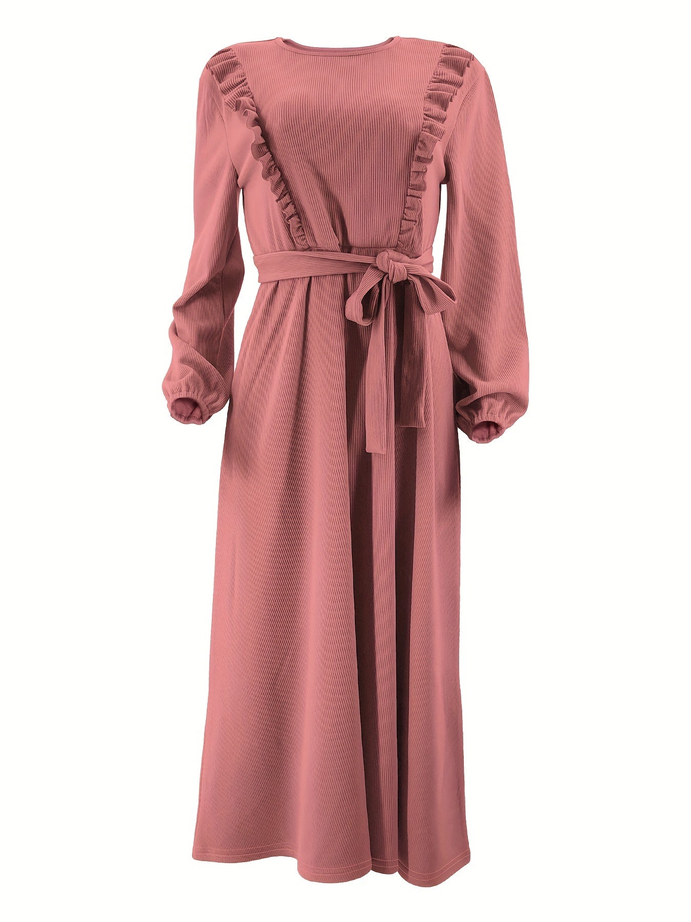 Elegant Solid Color Maxi Dress for Women - Polyester & Spandex Blend, Machine Washable, Belt Detail, Perfect for All Seasons