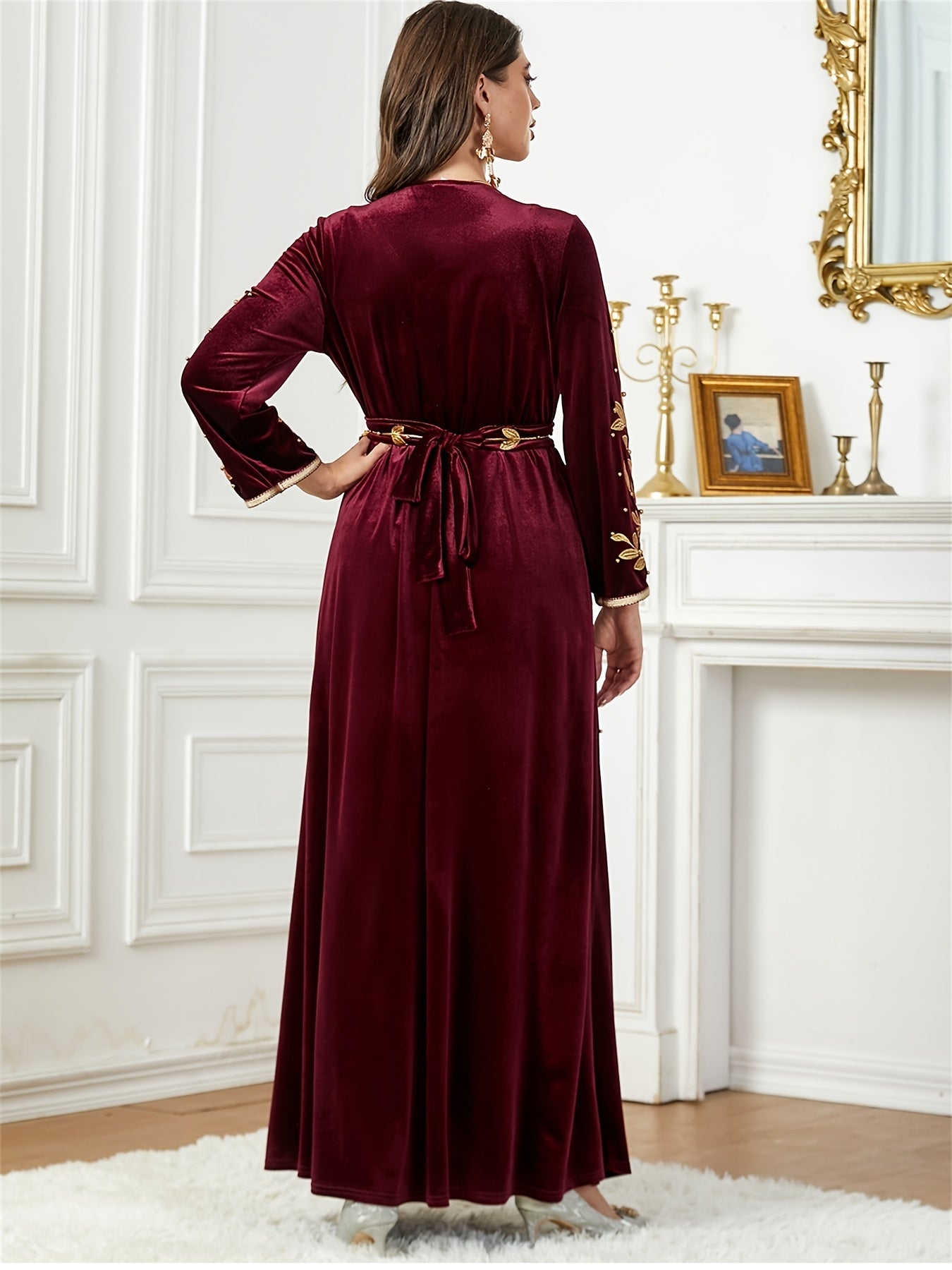 Women'S Jalabiya Ramadan Dubai Embroidery Maxi Dress Belt included Marocain V-Neck Belted Kaftan Dresses For Women Gala