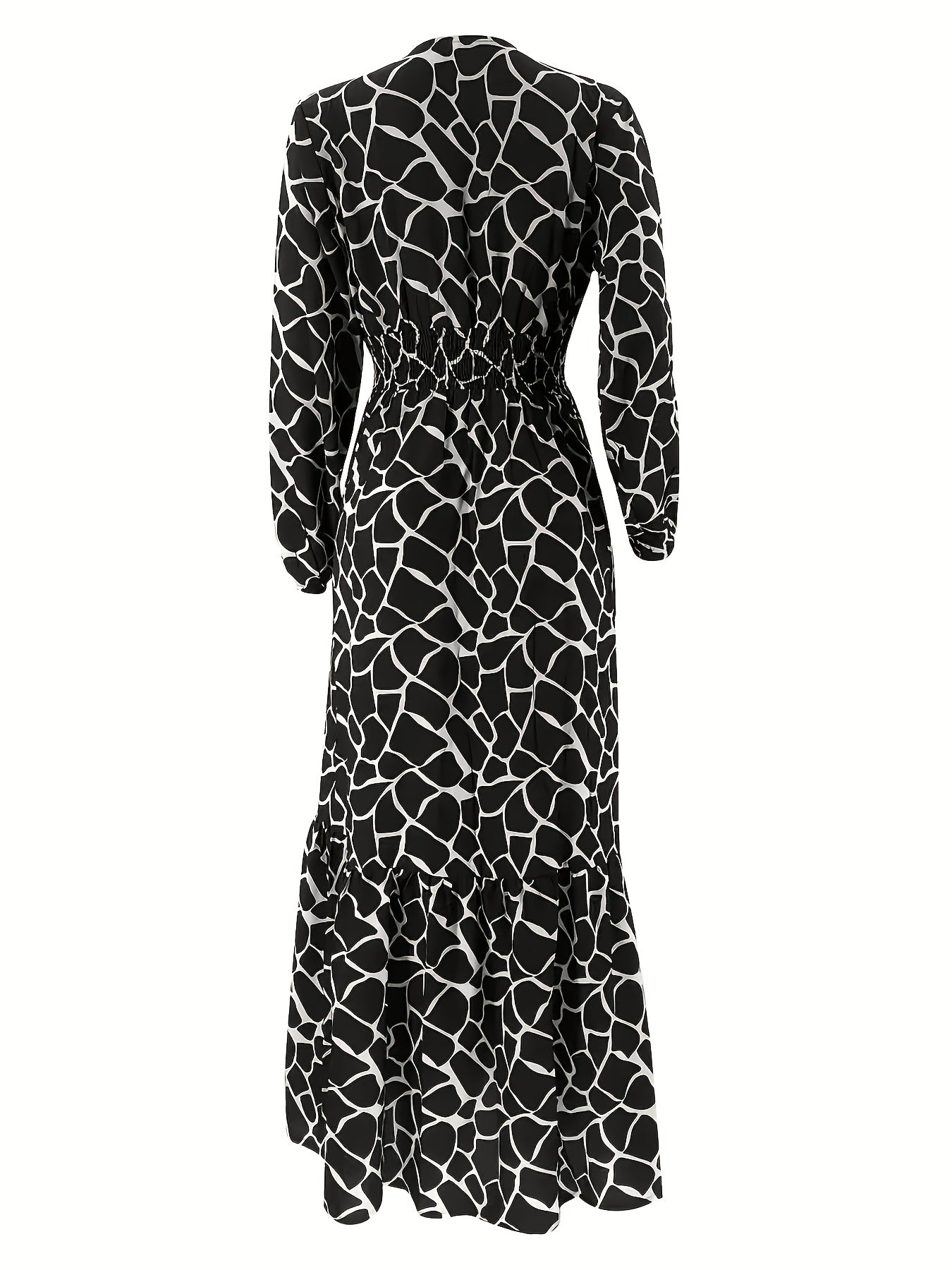 Elegant Women's Long Sleeve Kaftan Dress - Casual Geometric Print, Maxi Length with Ruffle Hem, Polyester Blend, Machine Washable - Perfect for Spring & Autumn, Arabian, Full Print