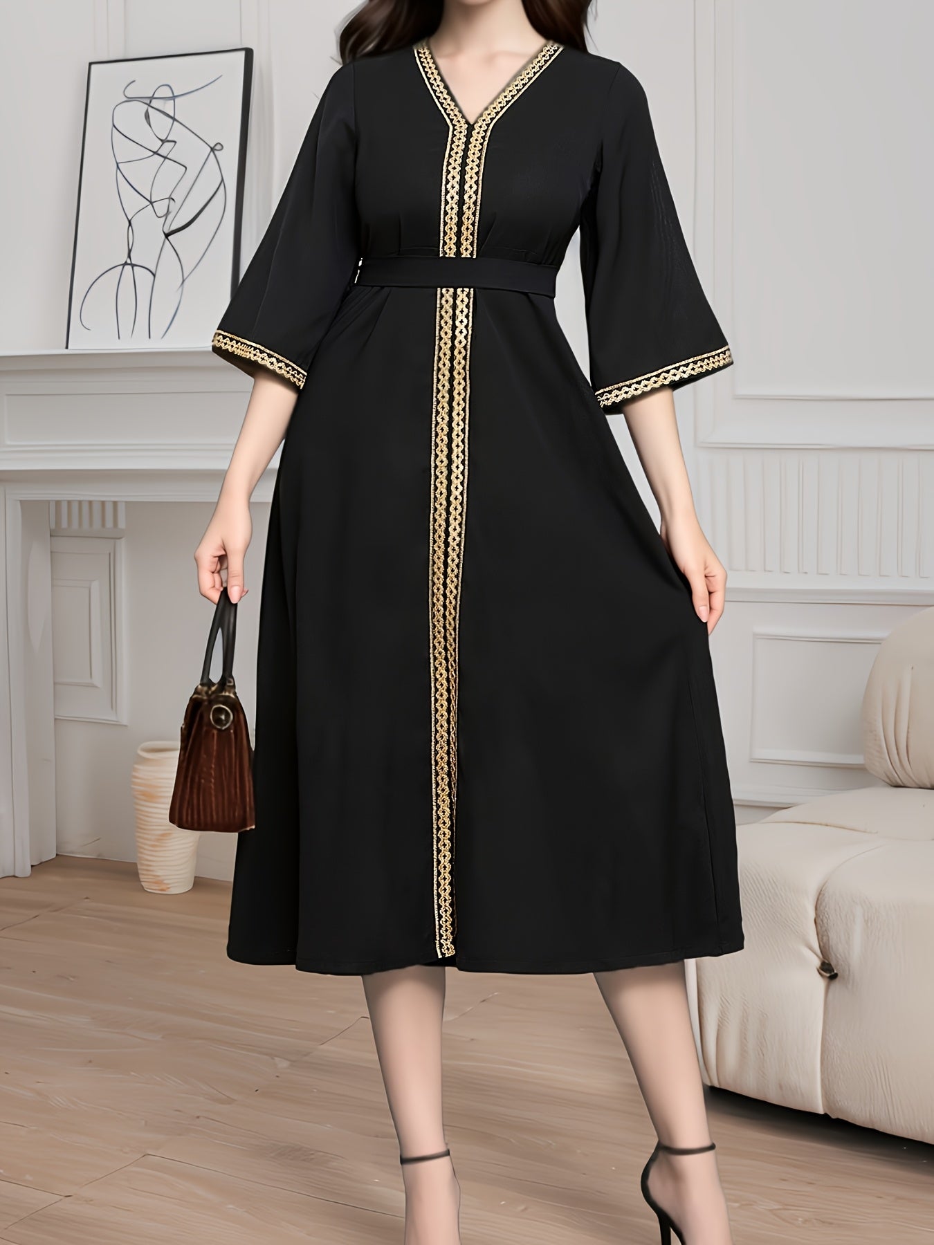 Contrast Trim V-neck Kaftan Dress, Elegant Half Sleeve Belted A-line Midi Dress, Women's Clothing