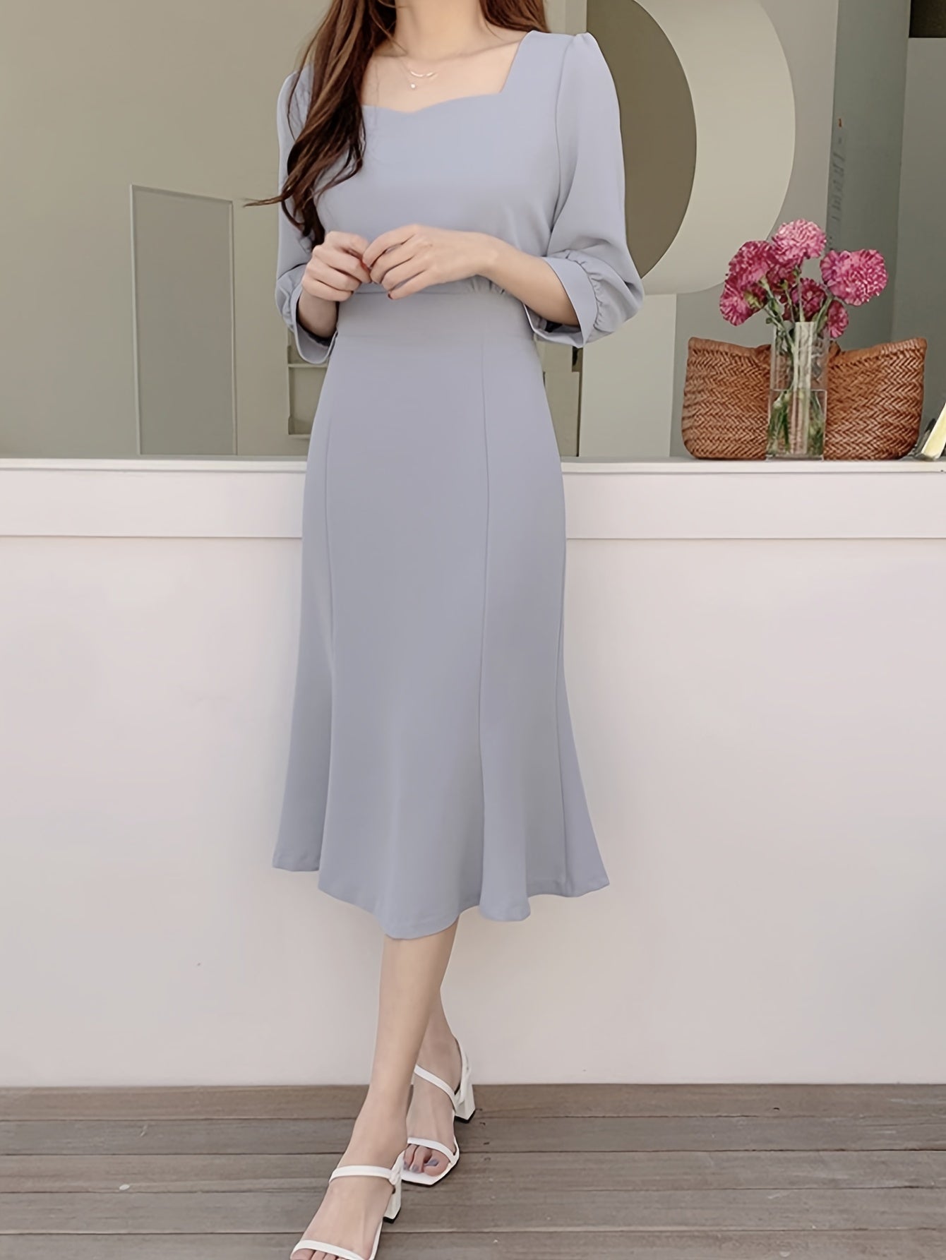 Elegant French-Inspired Square Neck Midi Dress with Tie Waist