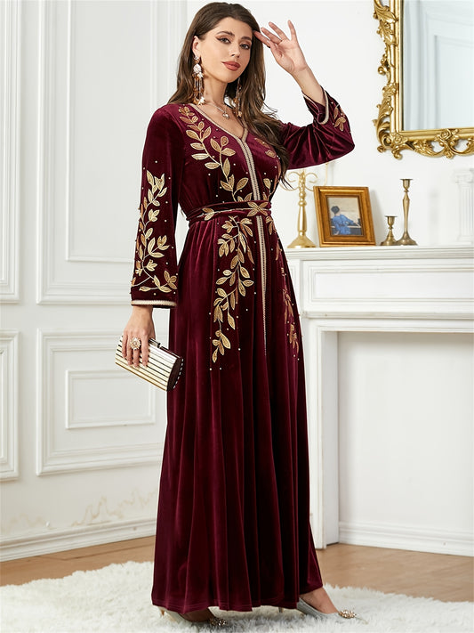 Women'S Jalabiya Ramadan Dubai Embroidery Maxi Dress Belt included Marocain V-Neck Belted Kaftan Dresses For Women Gala