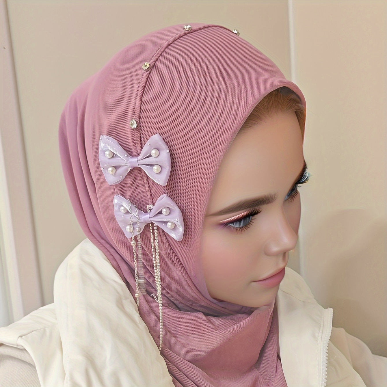 Elegant FLUOROSPARK Instant Hijab with Bow & Tassel - Breathable Polyester, Stretchy Headscarf for Women | Versatile Head Wrap Bandana in Black, Pink, White, Gray, Beige | Ideal for Birthdays & Casual Attire, Hijab Scarf