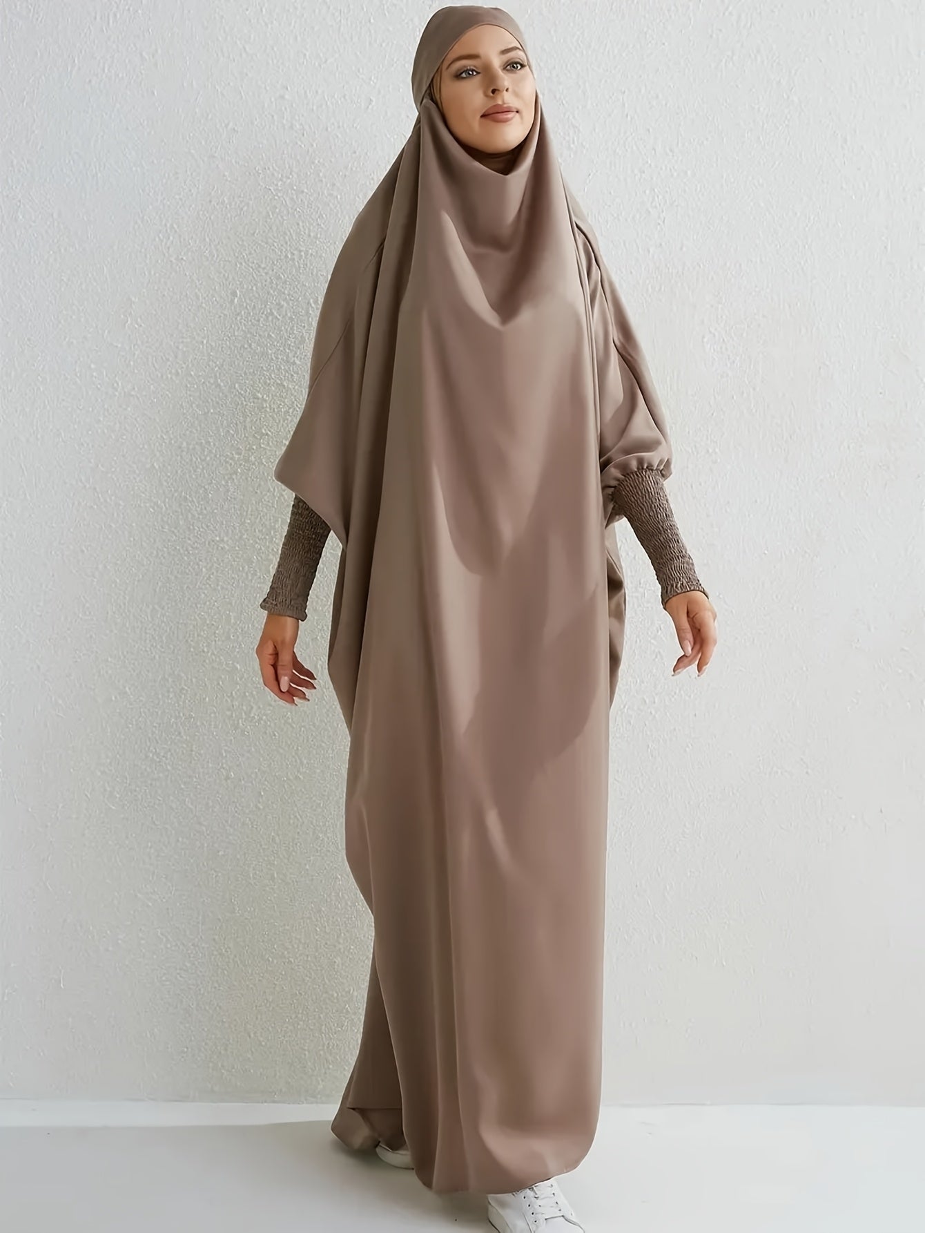 Elegant Light Pink Modesty Dress with Hijab - Women's Long Sleeve, Maxi Prayer Dress, Polyester, Non-Stretch Fabric, Machine Washable