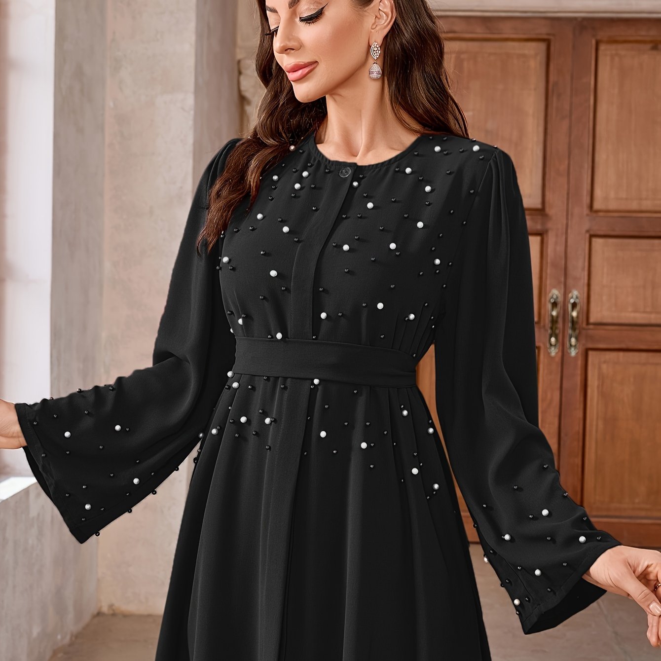 Ramadan Button Front Tie Waist Beaded Burqas, Elegant Long Sleeve Maxi Length Dress, Women's Clothing