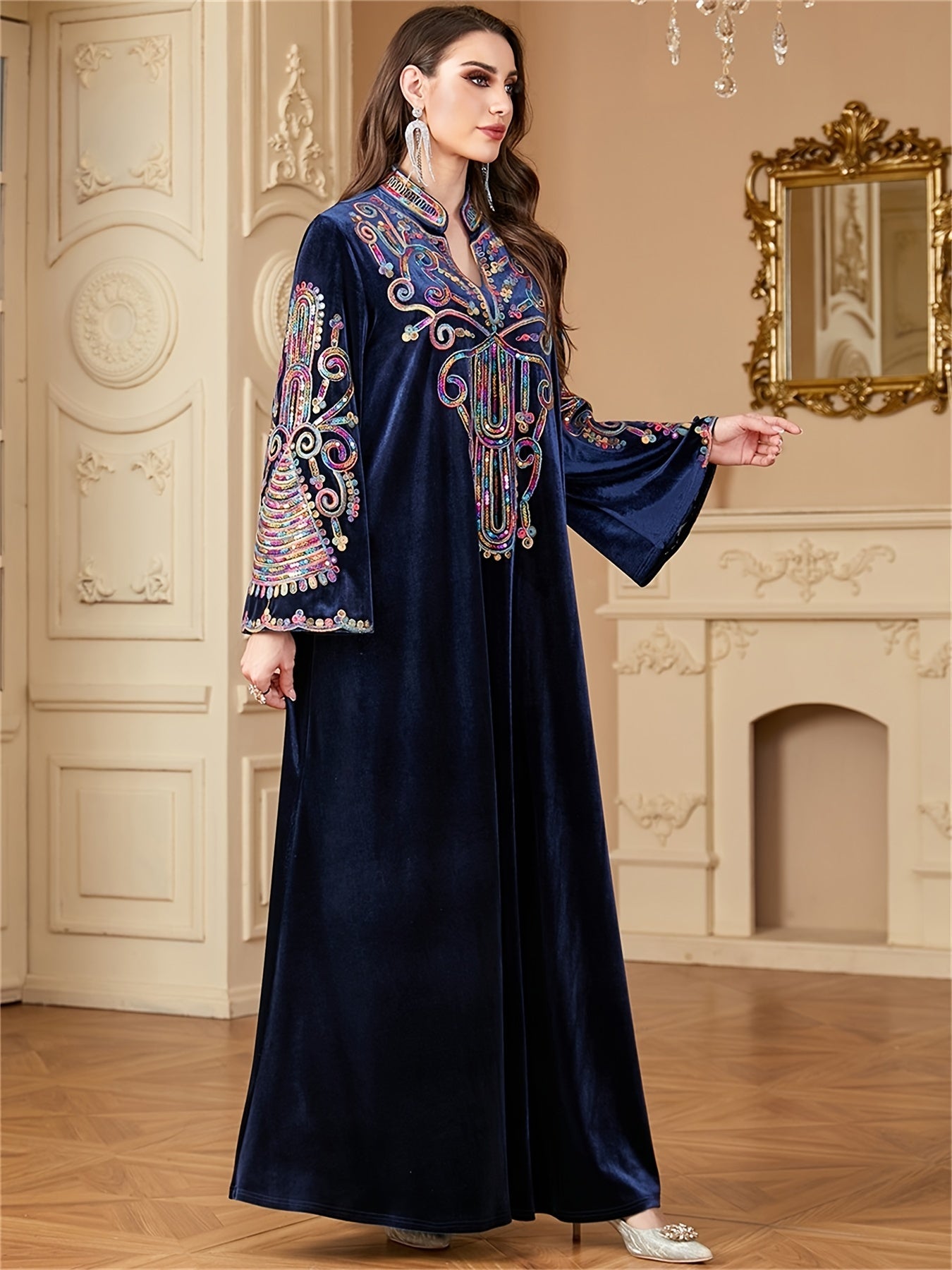 Elegant Sequin Abaya for Women - Long Sleeve Velvet Kaftan Dress, Dark Blue with Vibrant Floral Patterns, Maxi Length, Perfect for Ramadan and Formal Occasions, Muslim Clothes