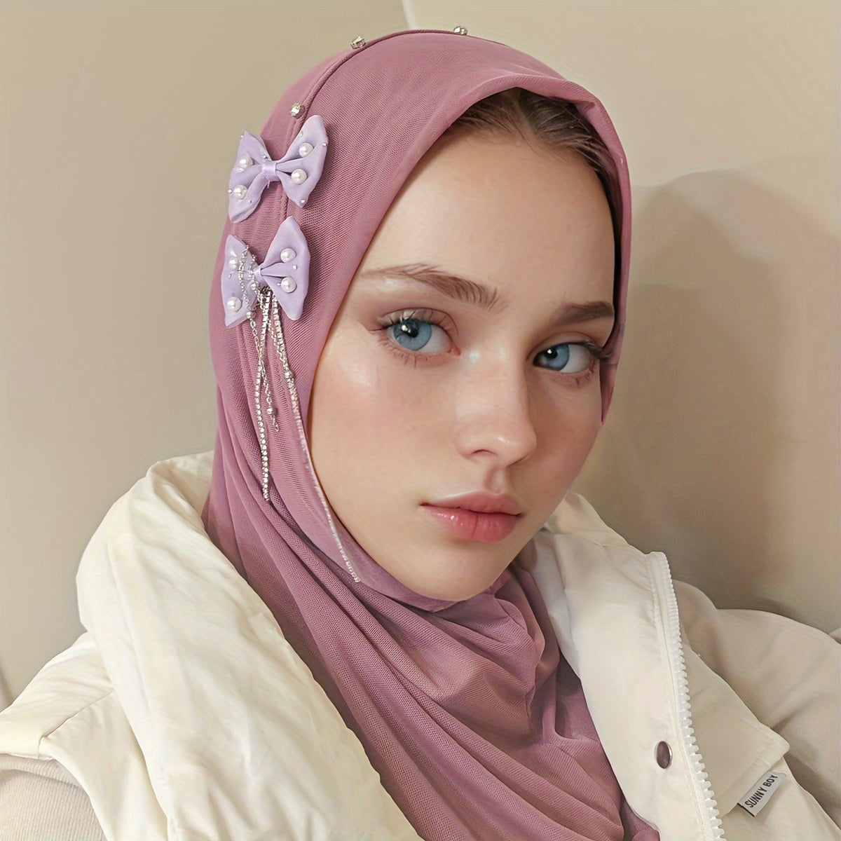 Elegant FLUOROSPARK Instant Hijab with Bow & Tassel - Breathable Polyester, Stretchy Headscarf for Women | Versatile Head Wrap Bandana in Black, Pink, White, Gray, Beige | Ideal for Birthdays & Casual Attire, Hijab Scarf