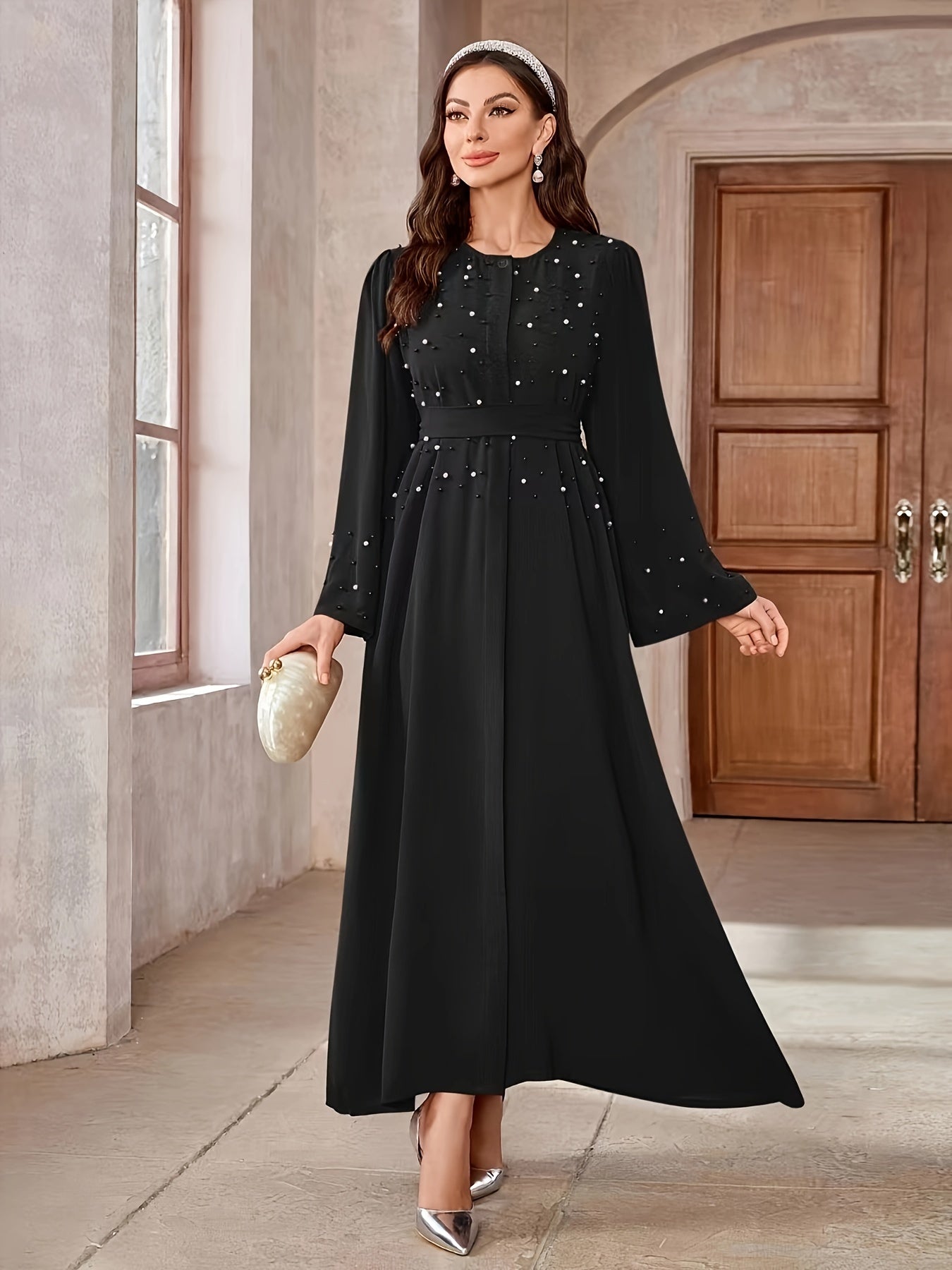 Ramadan Button Front Tie Waist Beaded Burqas, Elegant Long Sleeve Maxi Length Dress, Women's Clothing