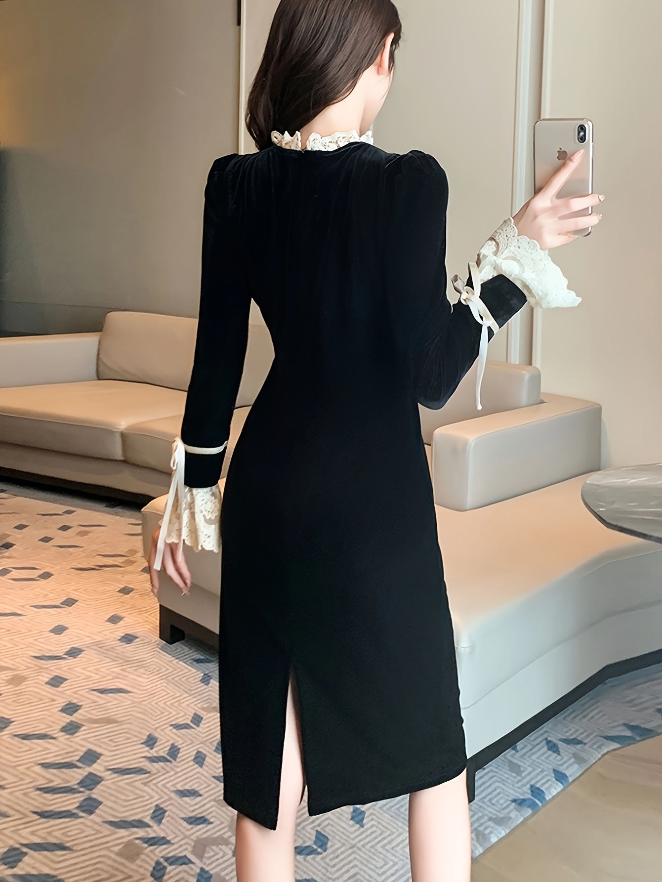 Elegant Polyester Knit Dress for Women, Crew Neck, Solid Color, Fitted Style