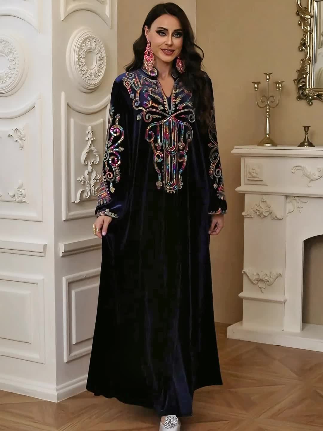 Elegant Sequin Abaya for Women - Long Sleeve Velvet Kaftan Dress, Dark Blue with Vibrant Floral Patterns, Maxi Length, Perfect for Ramadan and Formal Occasions, Muslim Clothes