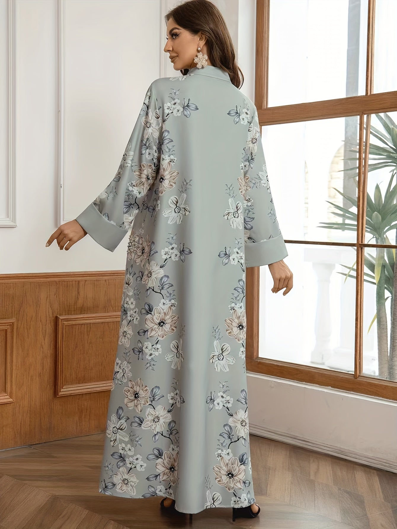 Elegant Floral Embroidered Kaftan Dress for Women - Long Sleeve, V-Neck Maxi Robe with Bead Detail, Polyester, Perfect for Spring/Fall