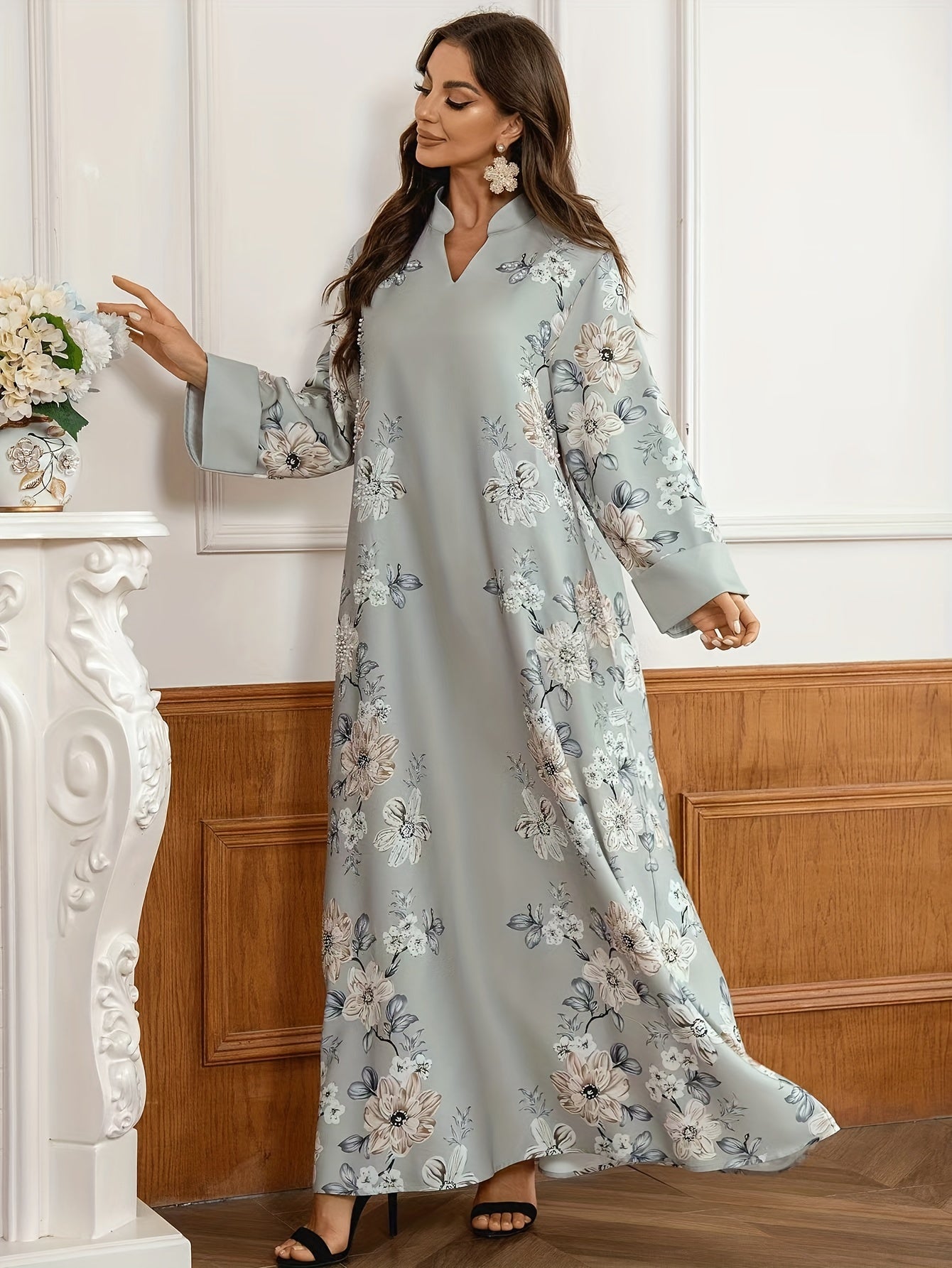 Elegant Floral Embroidered Kaftan Dress for Women - Long Sleeve, V-Neck Maxi Robe with Bead Detail, Polyester, Perfect for Spring/Fall