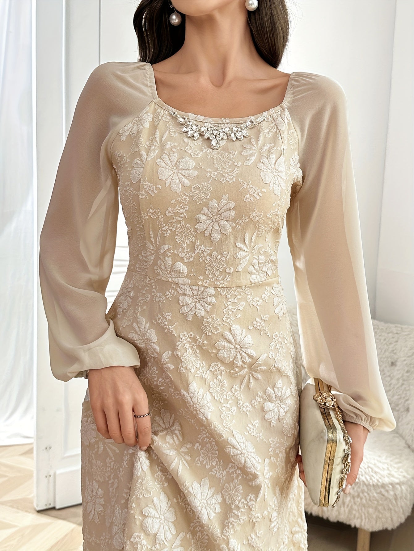 Floral Textured Lantern Sleeve A-line Dress, Elegant Square Neck