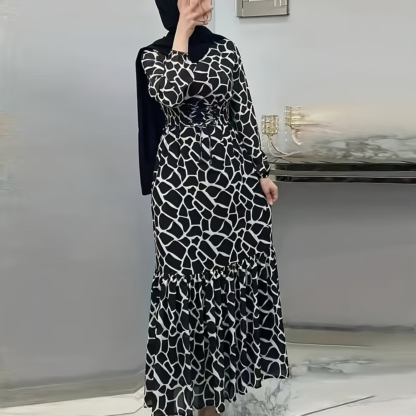 Elegant Women's Long Sleeve Kaftan Dress - Casual Geometric Print, Maxi Length with Ruffle Hem, Polyester Blend, Machine Washable - Perfect for Spring & Autumn, Arabian, Full Print