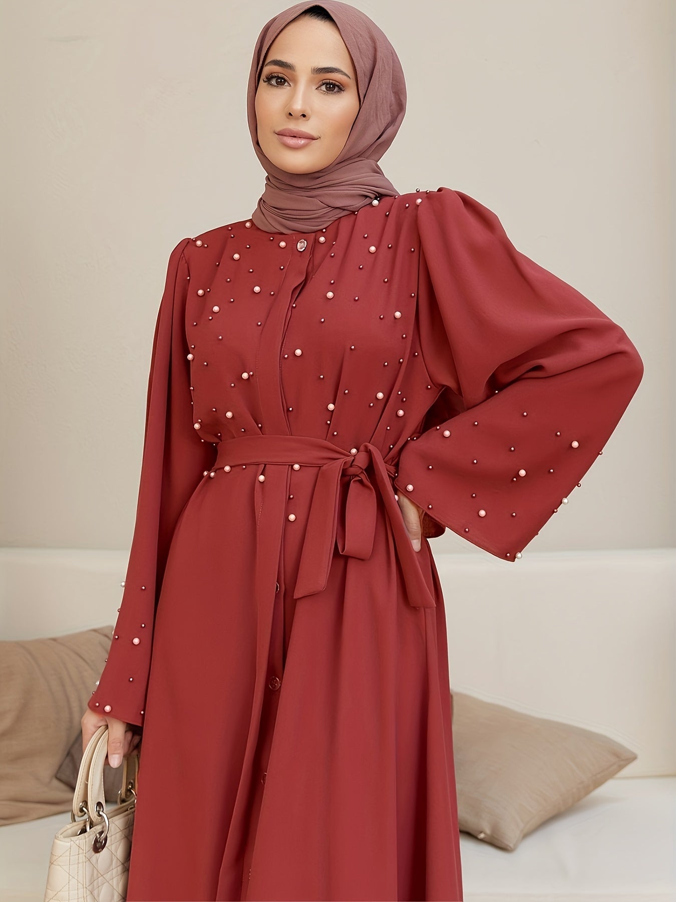 Ramadan Button Front Tie Waist Beaded Burqas, Elegant Long Sleeve Maxi Length Dress, Women's Clothing