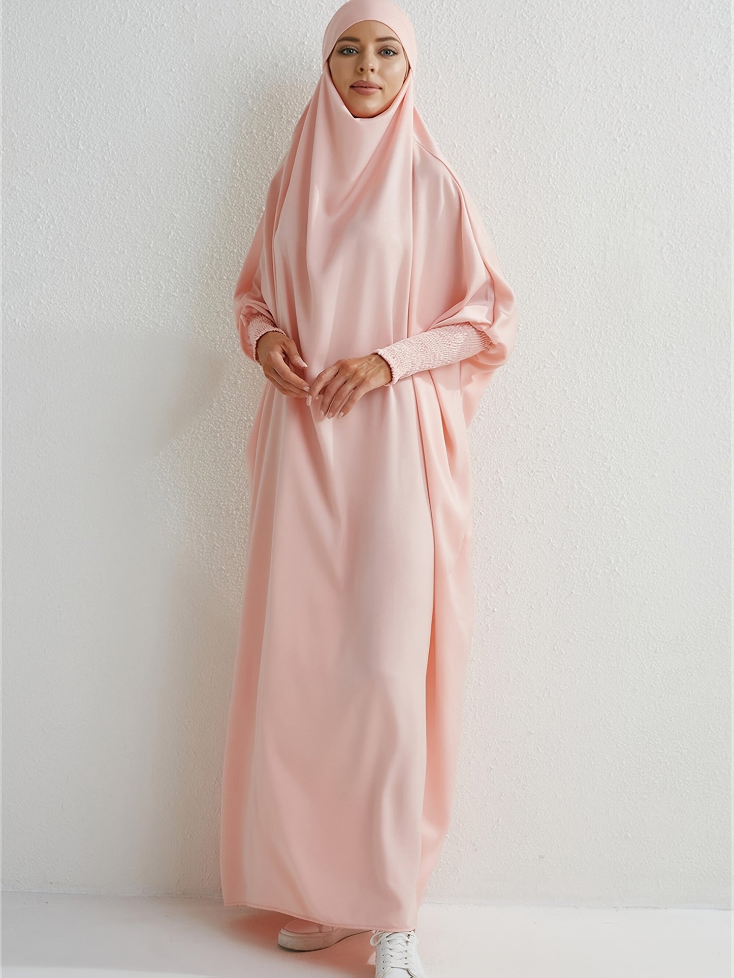 Elegant Light Pink Modesty Dress with Hijab - Women's Long Sleeve, Maxi Prayer Dress, Polyester, Non-Stretch Fabric, Machine Washable