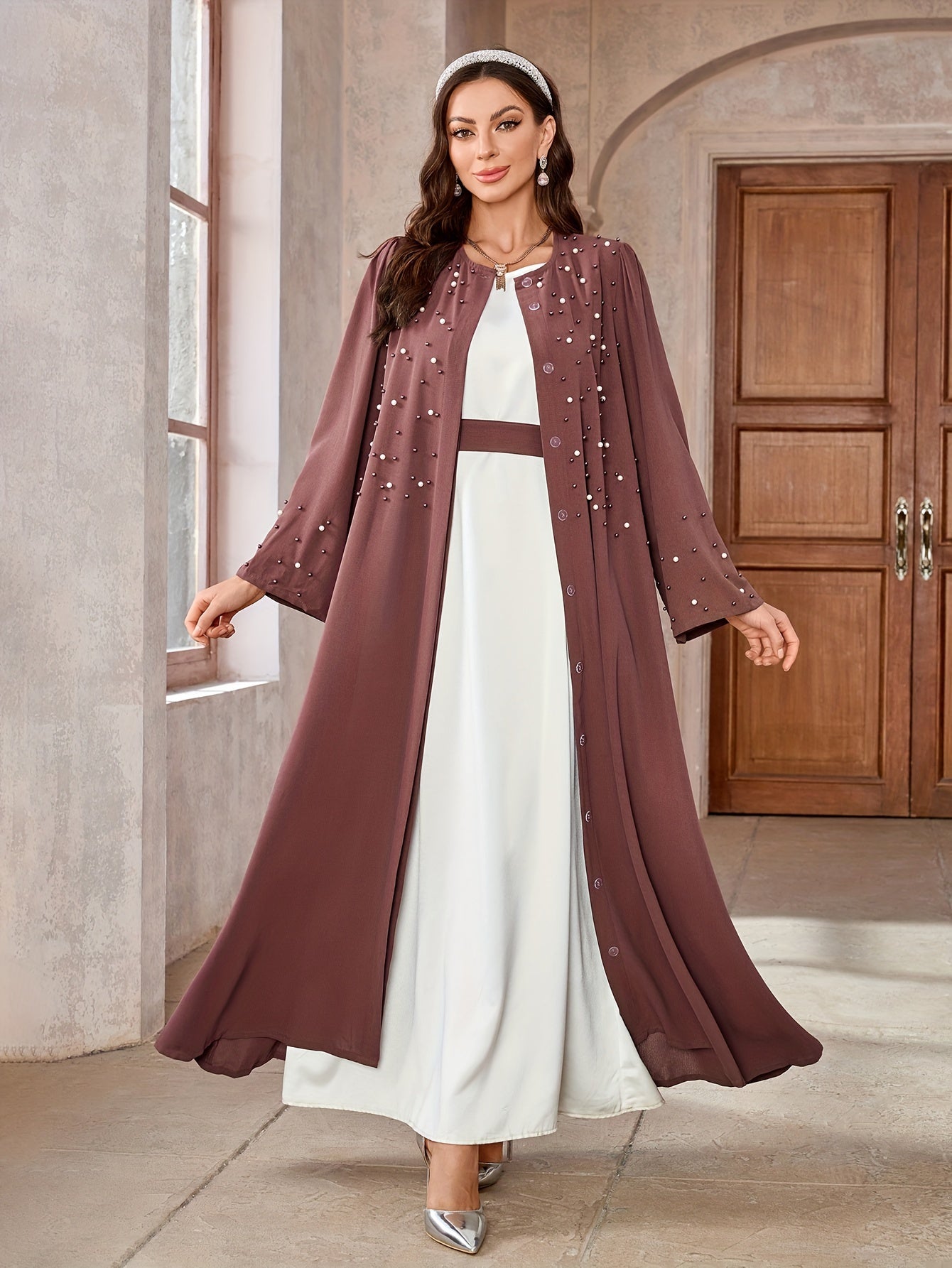 Ramadan Button Front Tie Waist Beaded Burqas, Elegant Long Sleeve Maxi Length Dress, Women's Clothing