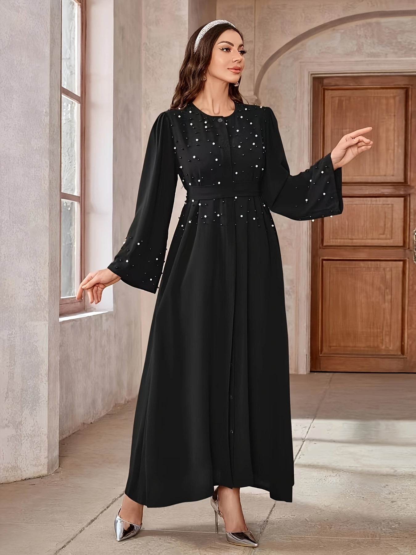 Ramadan Button Front Tie Waist Beaded Burqas, Elegant Long Sleeve Maxi Length Dress, Women's Clothing