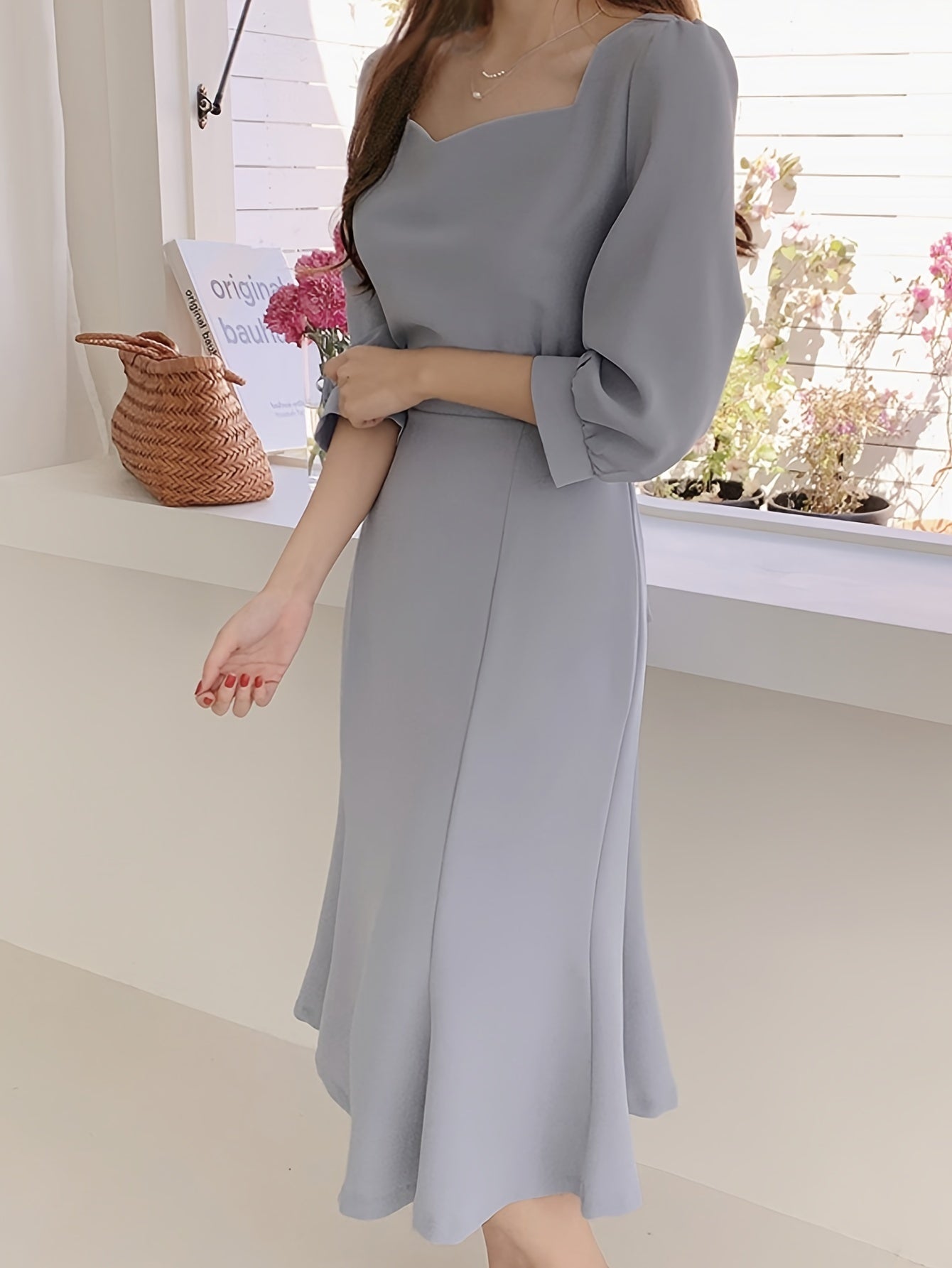 Elegant French-Inspired Square Neck Midi Dress with Tie Waist