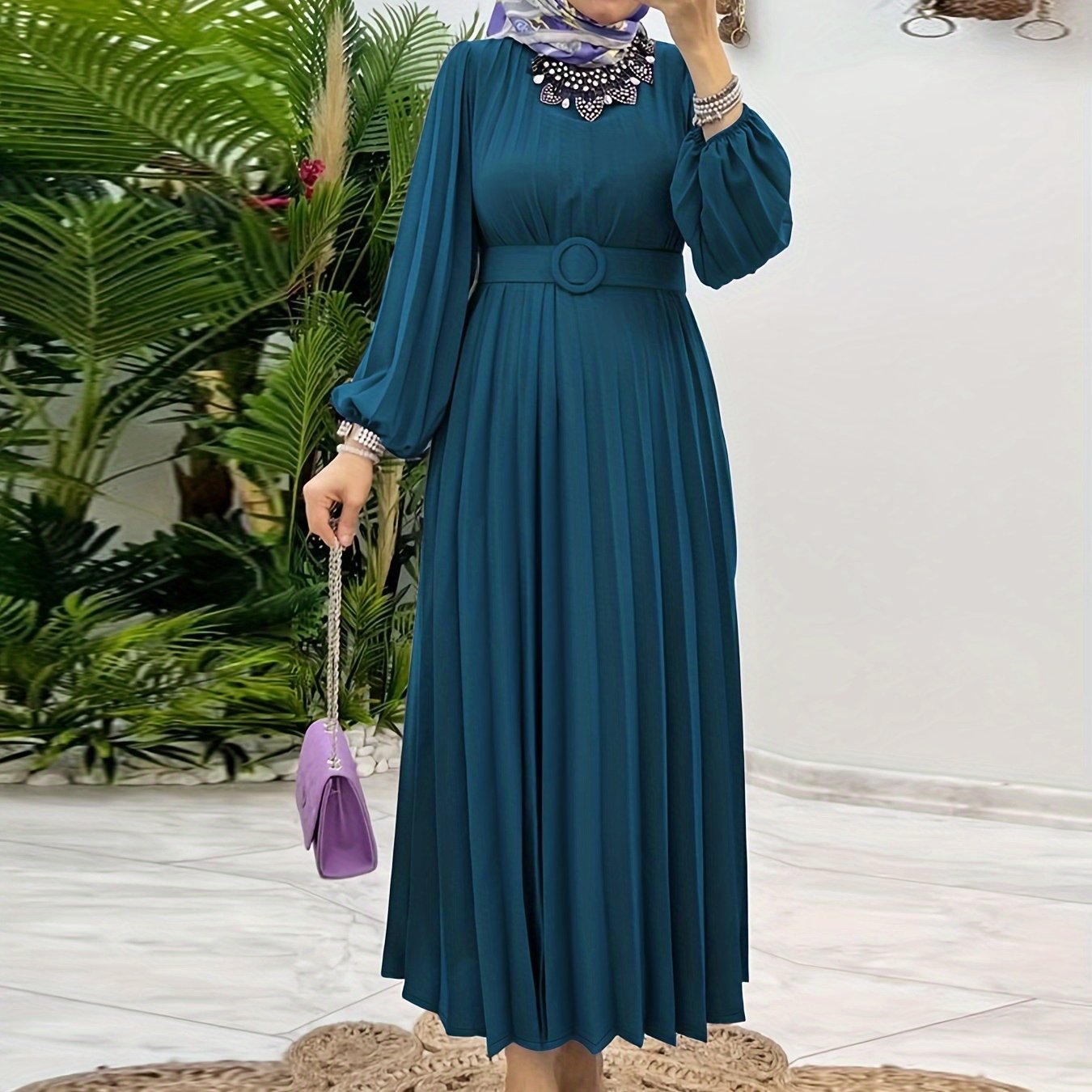 Ruffle Hem Crew Neck Abayas Dress, Elegant Maxi Dress