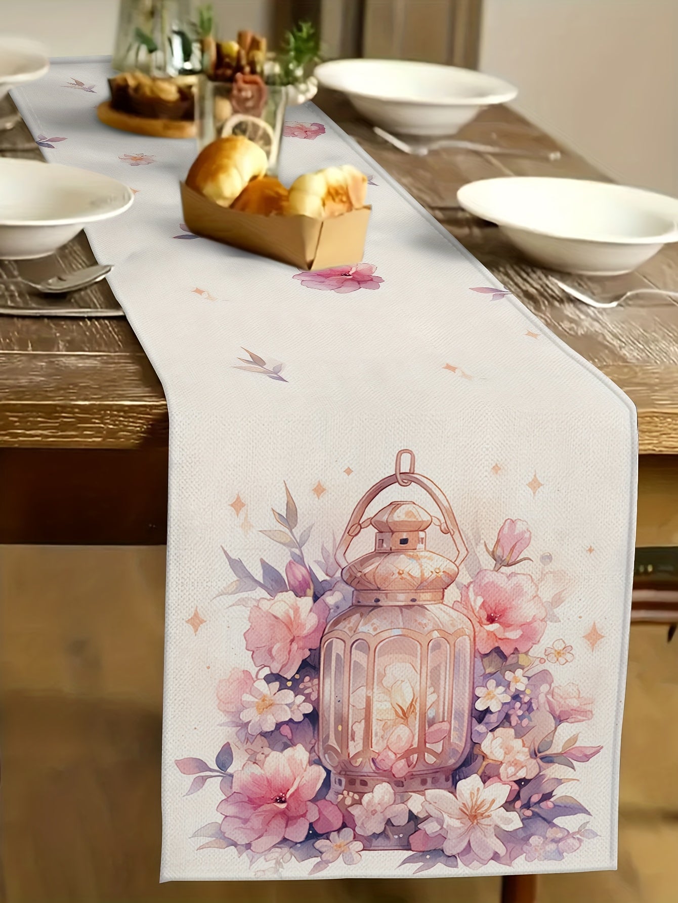 1pc Polyester Rectangular Tablecloth with Islamic Ramadan Flower Lantern Design, 100% Polyester Knit Fabric, Festive Eid Al-Fitr Home Kitchen Decor, Knitted Rectangular Table Ornament for Party Celebrations