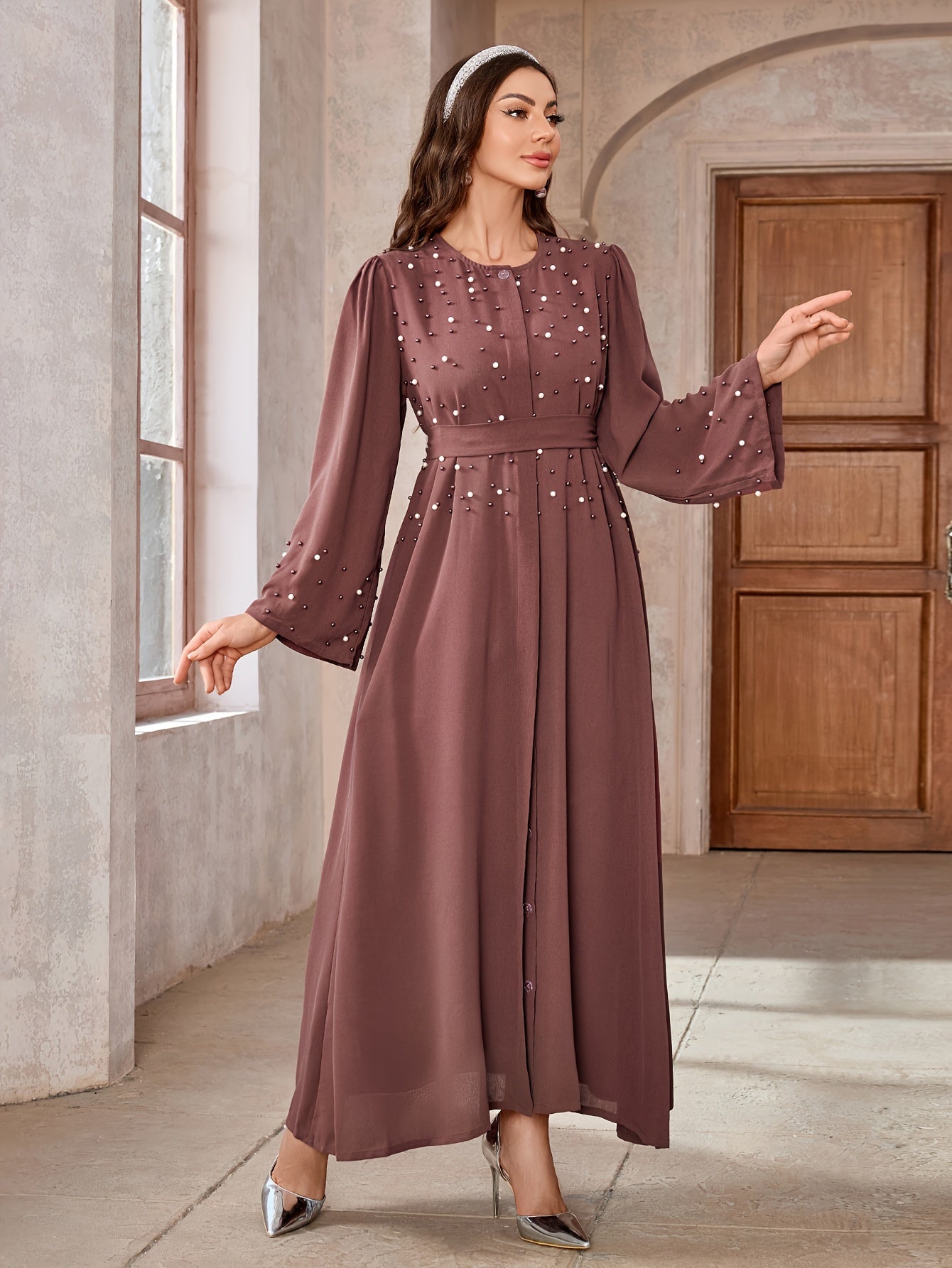 Ramadan Button Front Tie Waist Beaded Burqas, Elegant Long Sleeve Maxi Length Dress, Women's Clothing