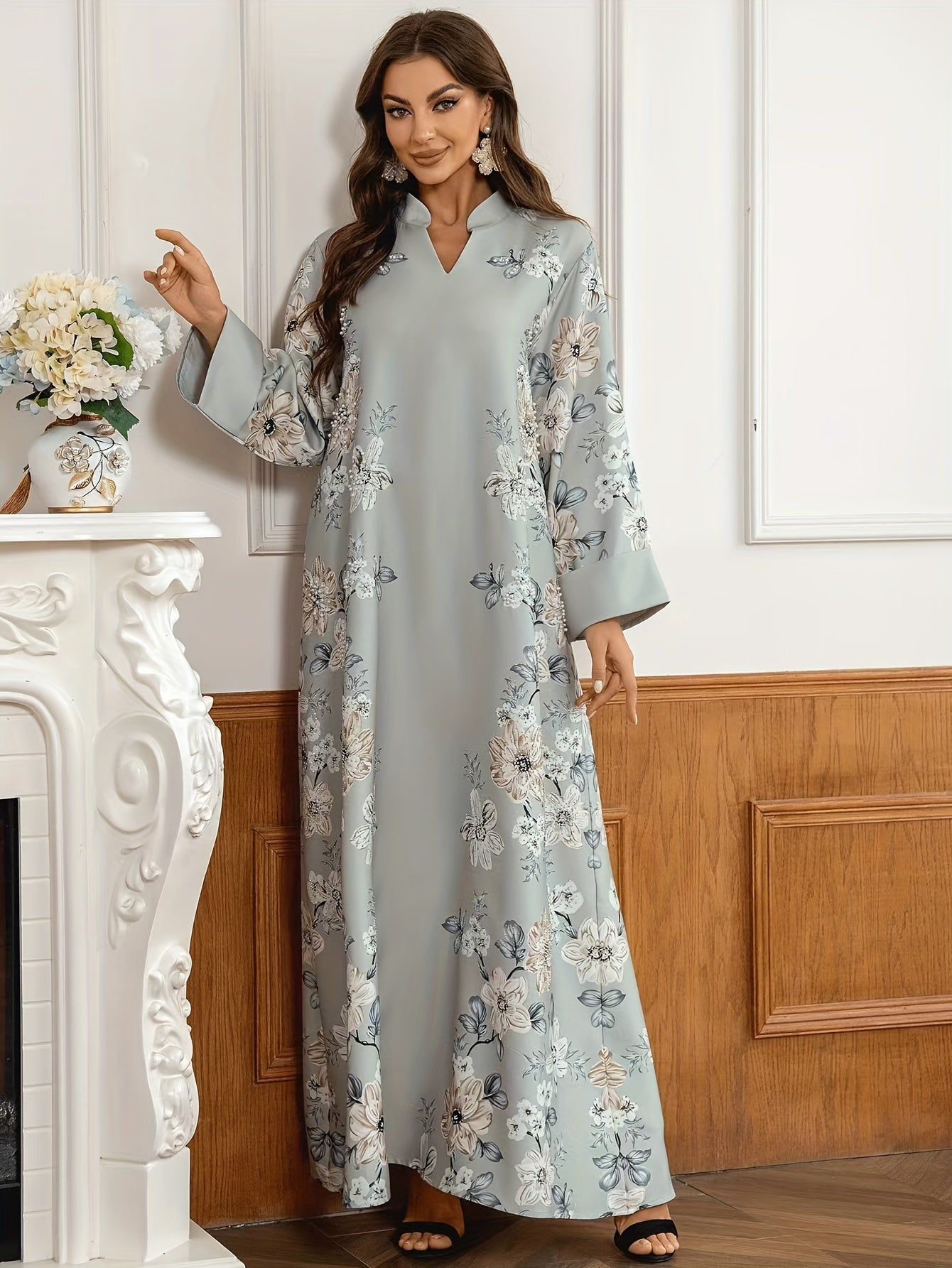 Elegant Floral Embroidered Kaftan Dress for Women - Long Sleeve, V-Neck Maxi Robe with Bead Detail, Polyester, Perfect for Spring/Fall