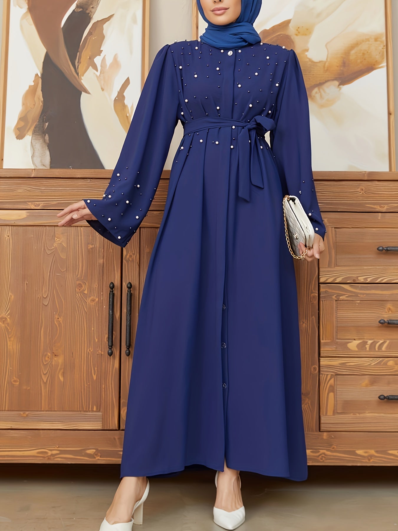 Ramadan Button Front Tie Waist Beaded Burqas, Elegant Long Sleeve Maxi Length Dress, Women's Clothing