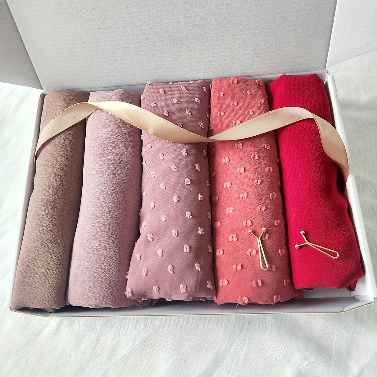 5pcs Elegant Chiffon Scarves With 2pcs Hijab Pins Combination, Solid Color Lightweight Shawls For Women, Versatile Daily Wear, Boxed Gift Gifts For Eid