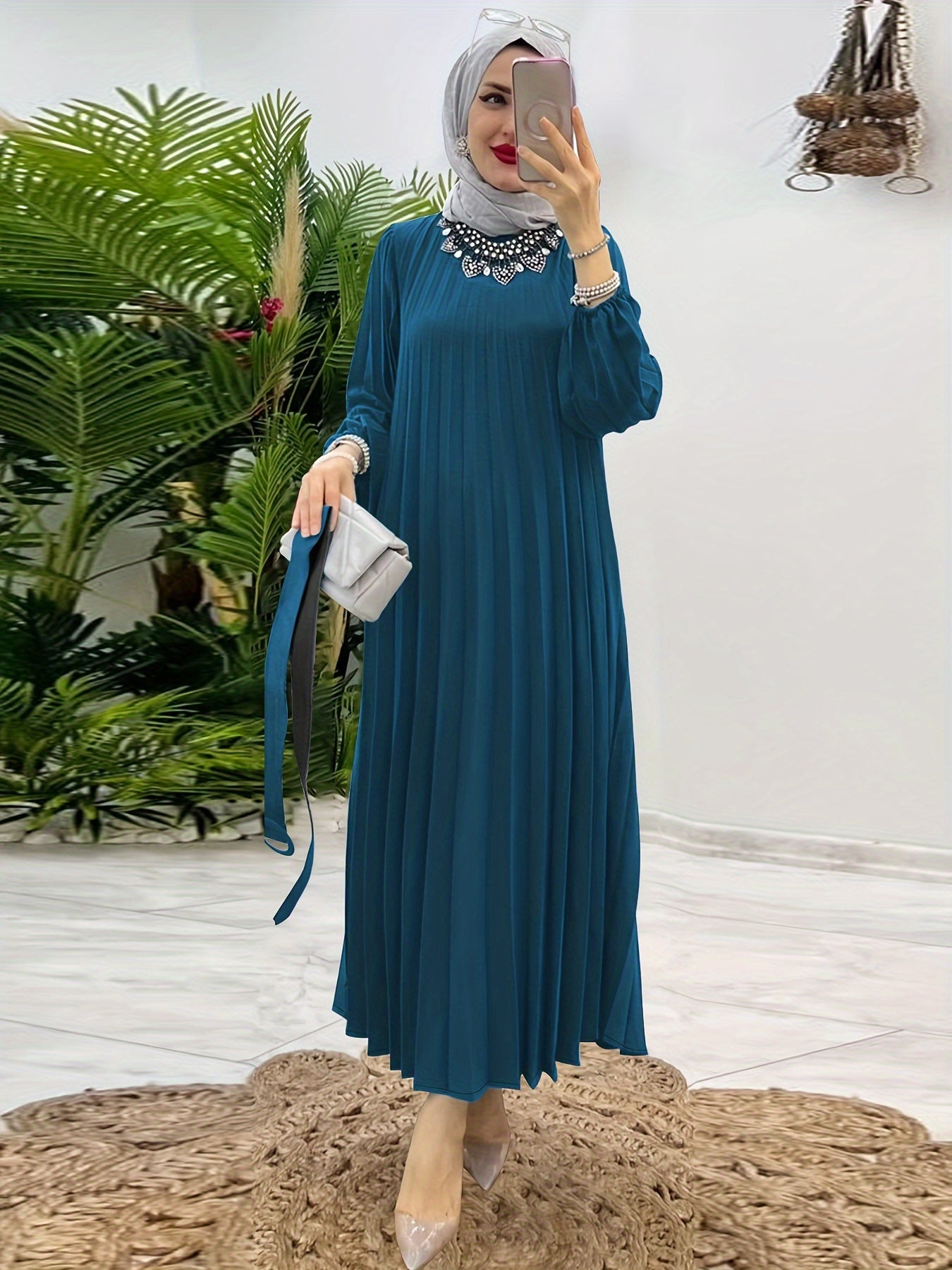 Ruffle Hem Crew Neck Abayas Dress, Elegant Maxi Dress