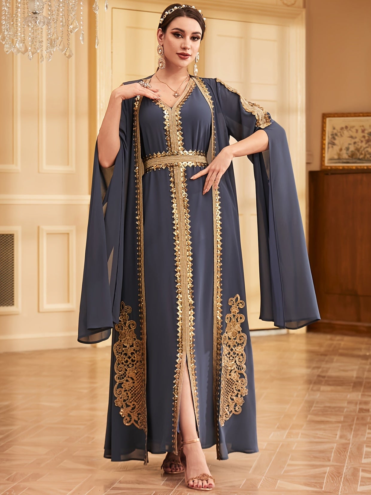 Two-piece Set: Fashion Embroidered Vest with Waist Cincher and Long Skirt + Cardigan with Sequins and Split Long Sleeves