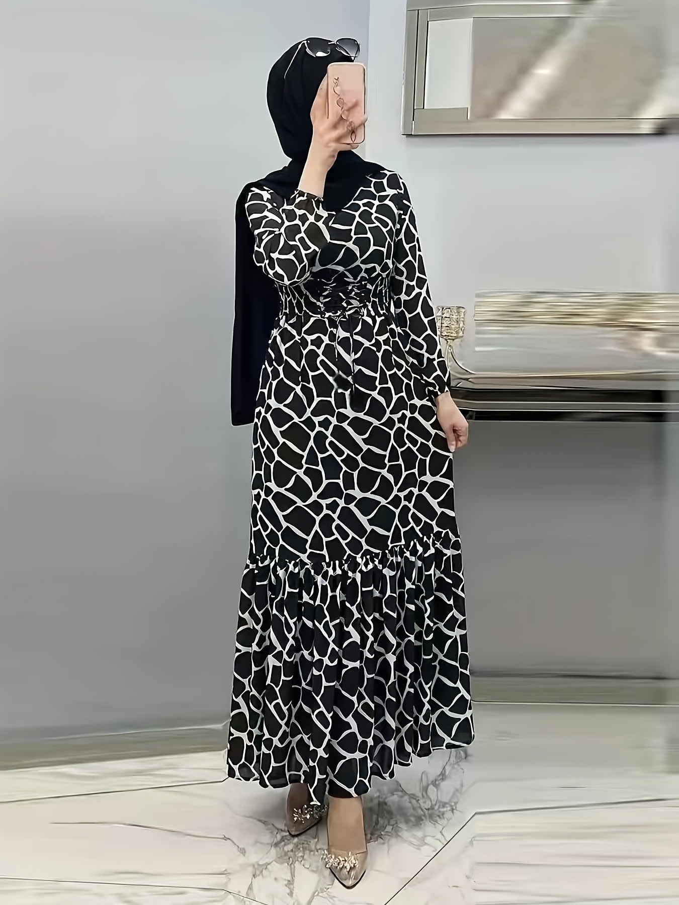 Elegant Women's Long Sleeve Kaftan Dress - Casual Geometric Print, Maxi Length with Ruffle Hem, Polyester Blend, Machine Washable - Perfect for Spring & Autumn, Arabian, Full Print