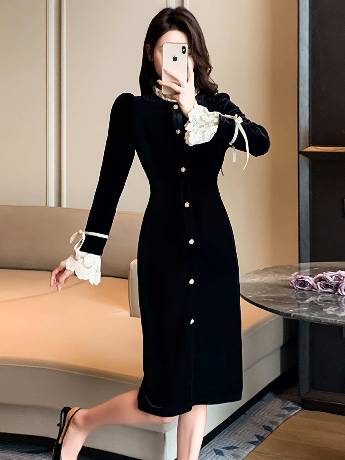 Elegant Polyester Knit Dress for Women, Crew Neck, Solid Color, Fitted Style