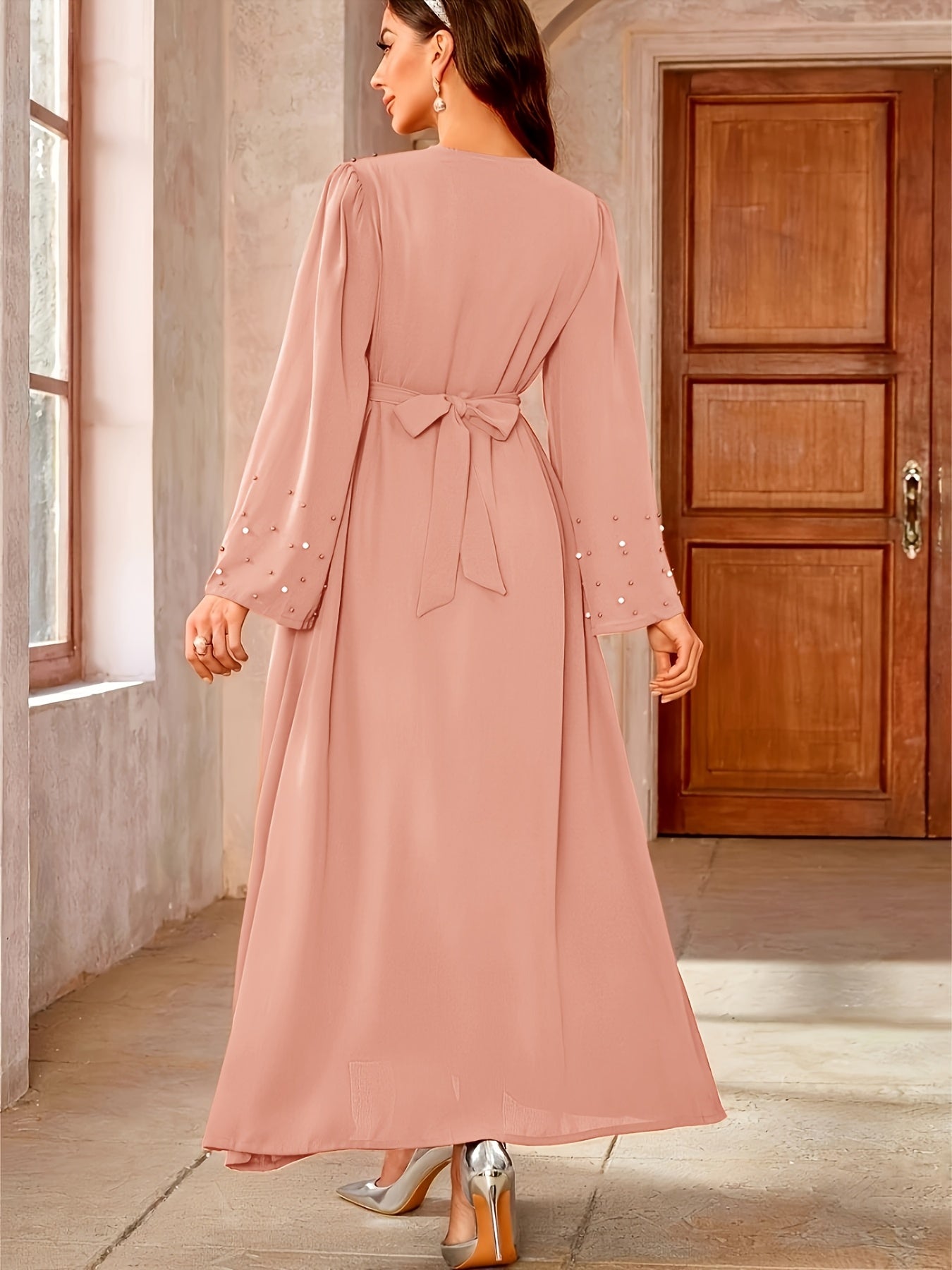 Ramadan Button Front Tie Waist Beaded Burqas, Elegant Long Sleeve Maxi Length Dress, Women's Clothing