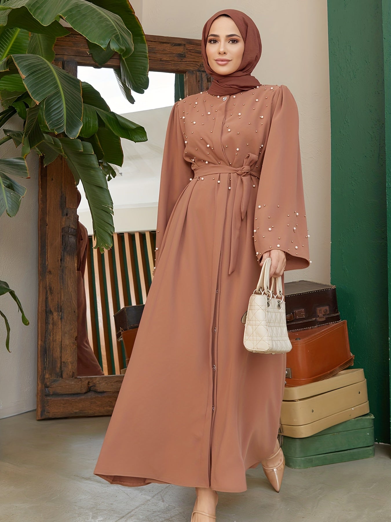 Ramadan Button Front Tie Waist Beaded Burqas, Elegant Long Sleeve Maxi Length Dress, Women's Clothing