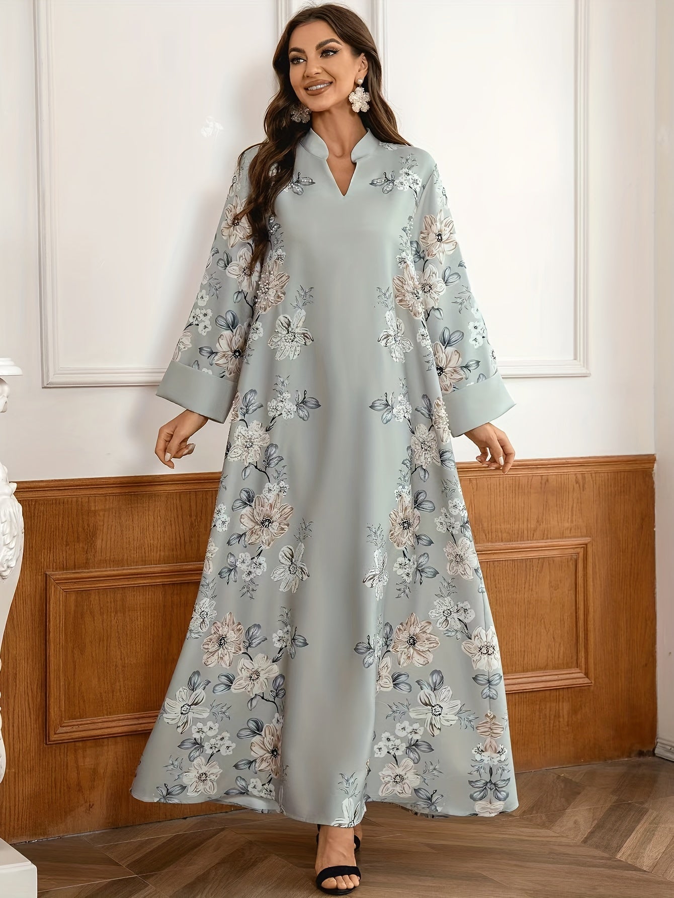 Elegant Floral Embroidered Kaftan Dress for Women - Long Sleeve, V-Neck Maxi Robe with Bead Detail, Polyester, Perfect for Spring/Fall