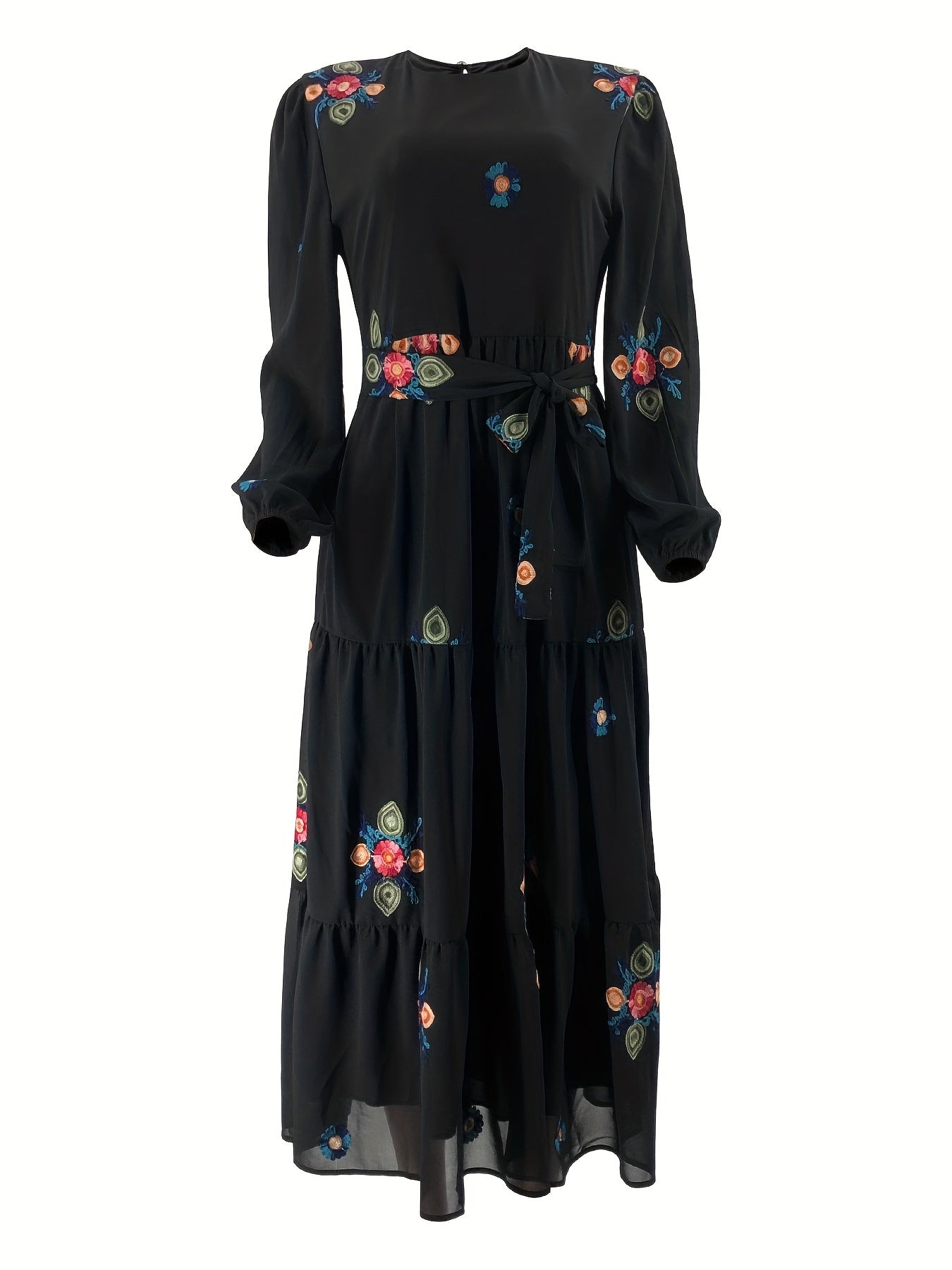 Ramadan Floral Print Crew Neck Long Sleeve Dress, Casual Tie Front Layered Maxi Length Dress, Women's Clothing