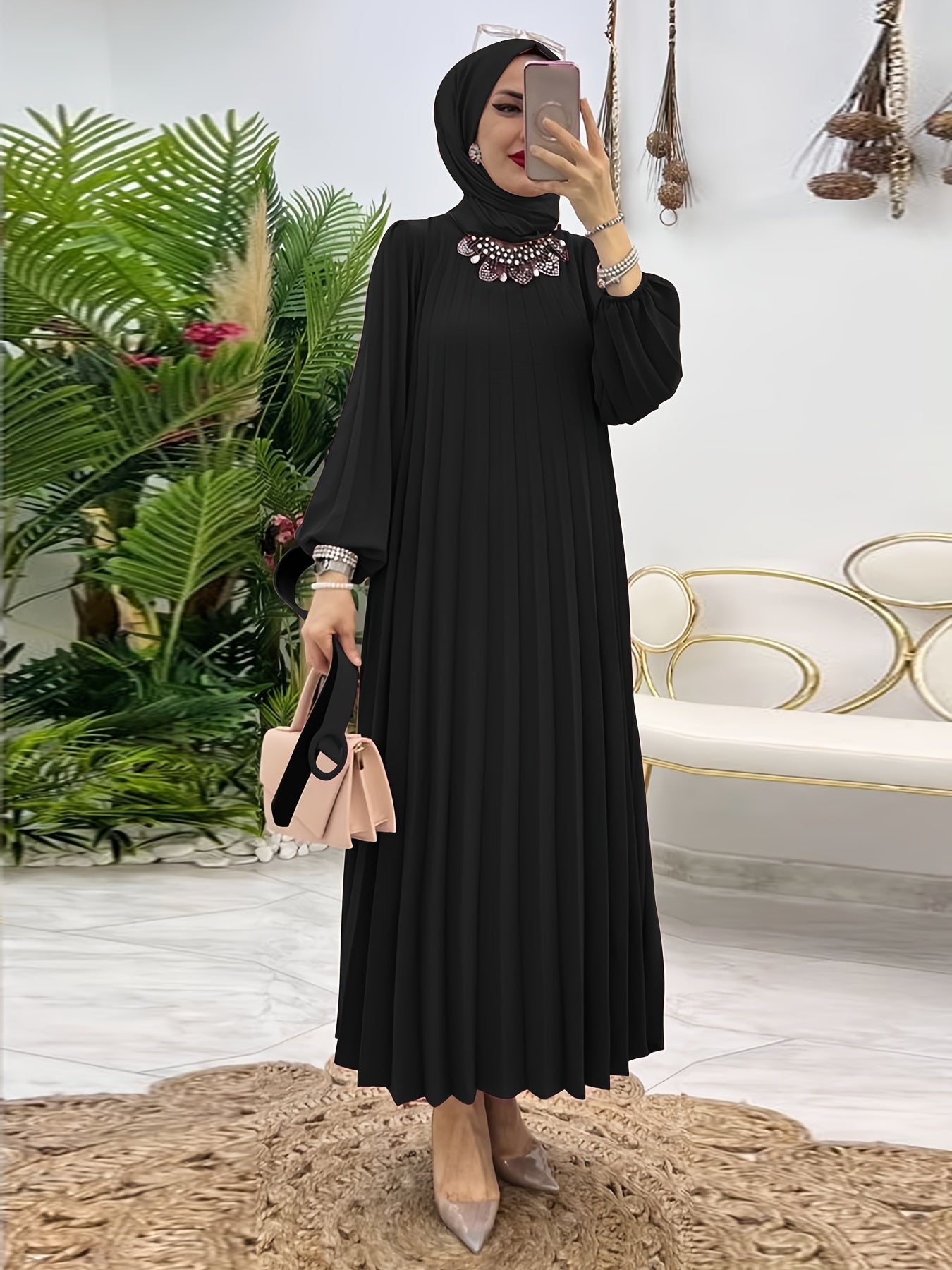 Ruffle Hem Crew Neck Abayas Dress, Elegant Maxi Dress