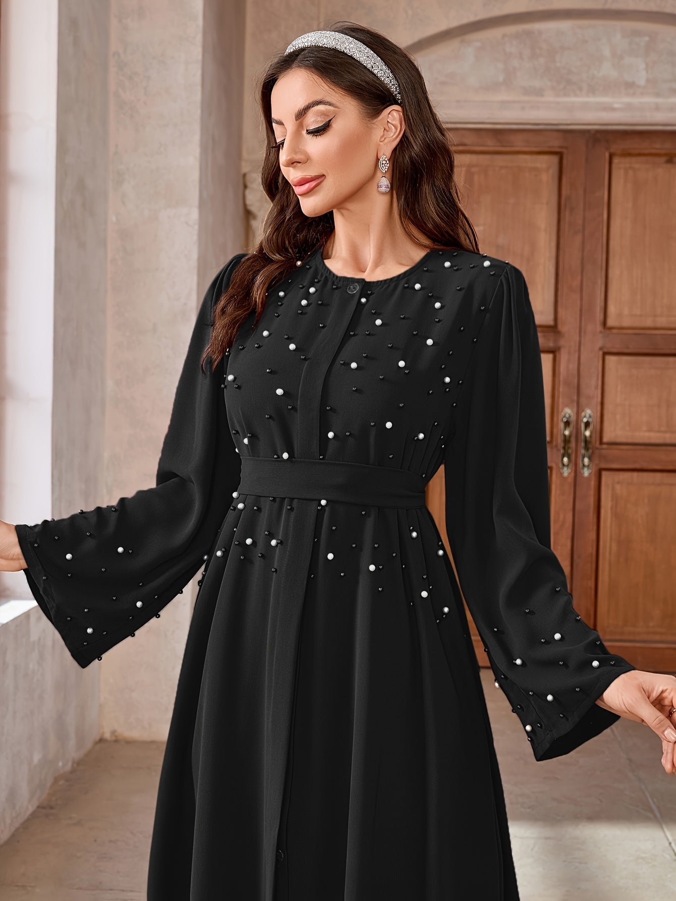 Ramadan Button Front Tie Waist Beaded Burqas, Elegant Long Sleeve Maxi Length Dress, Women's Clothing