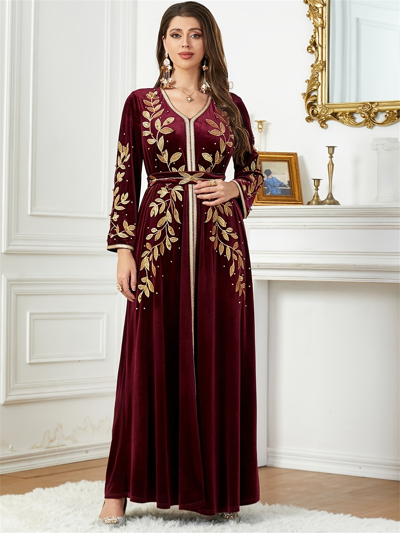 Women'S Jalabiya Ramadan Dubai Embroidery Maxi Dress Belt included Marocain V-Neck Belted Kaftan Dresses For Women Gala