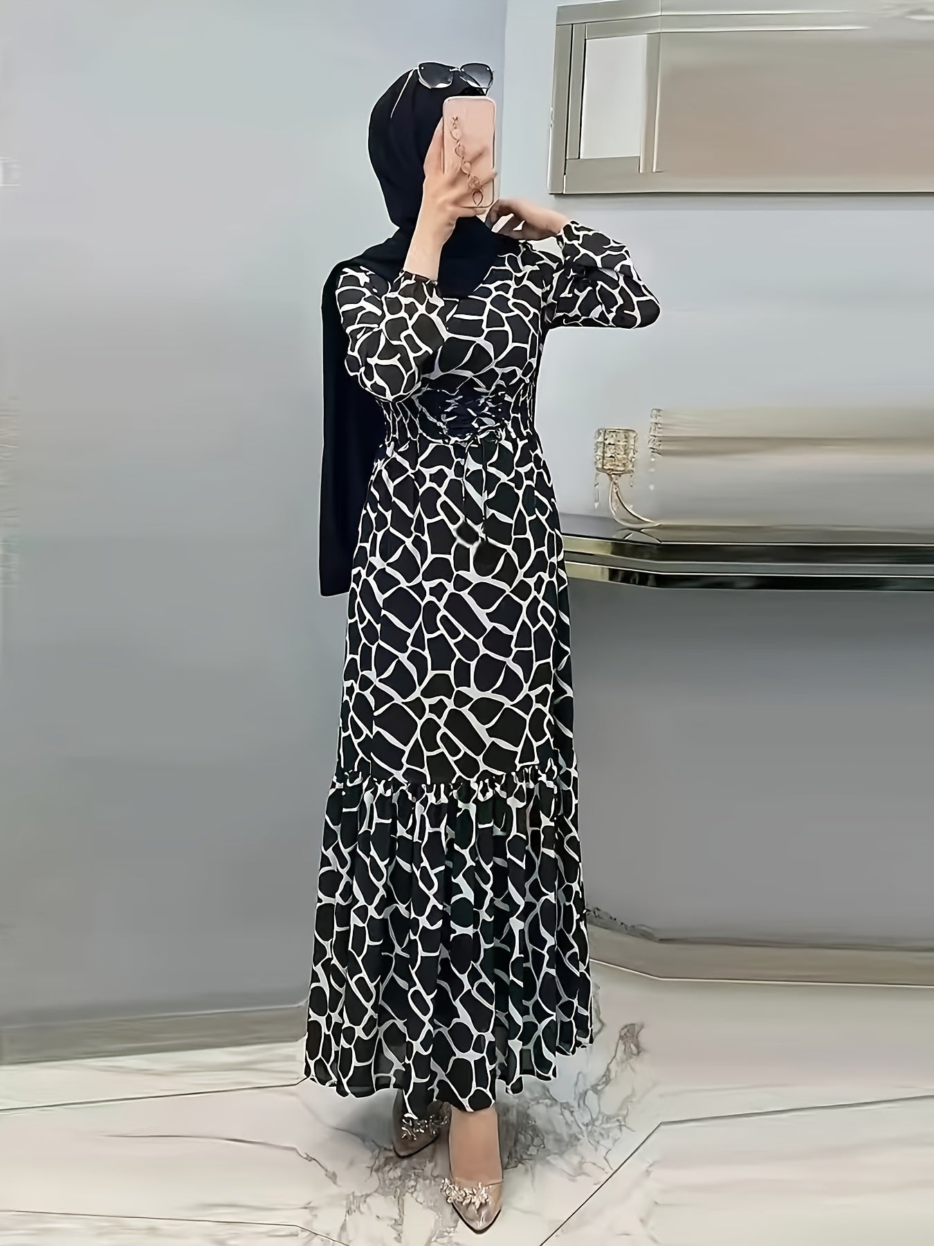 Elegant Women's Long Sleeve Kaftan Dress - Casual Geometric Print, Maxi Length with Ruffle Hem, Polyester Blend, Machine Washable - Perfect for Spring & Autumn, Arabian, Full Print