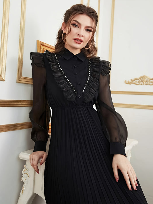 Ruffle Trim Button Front Pleated Dress, Elegant Long Sleeve Aline Flowy Dress