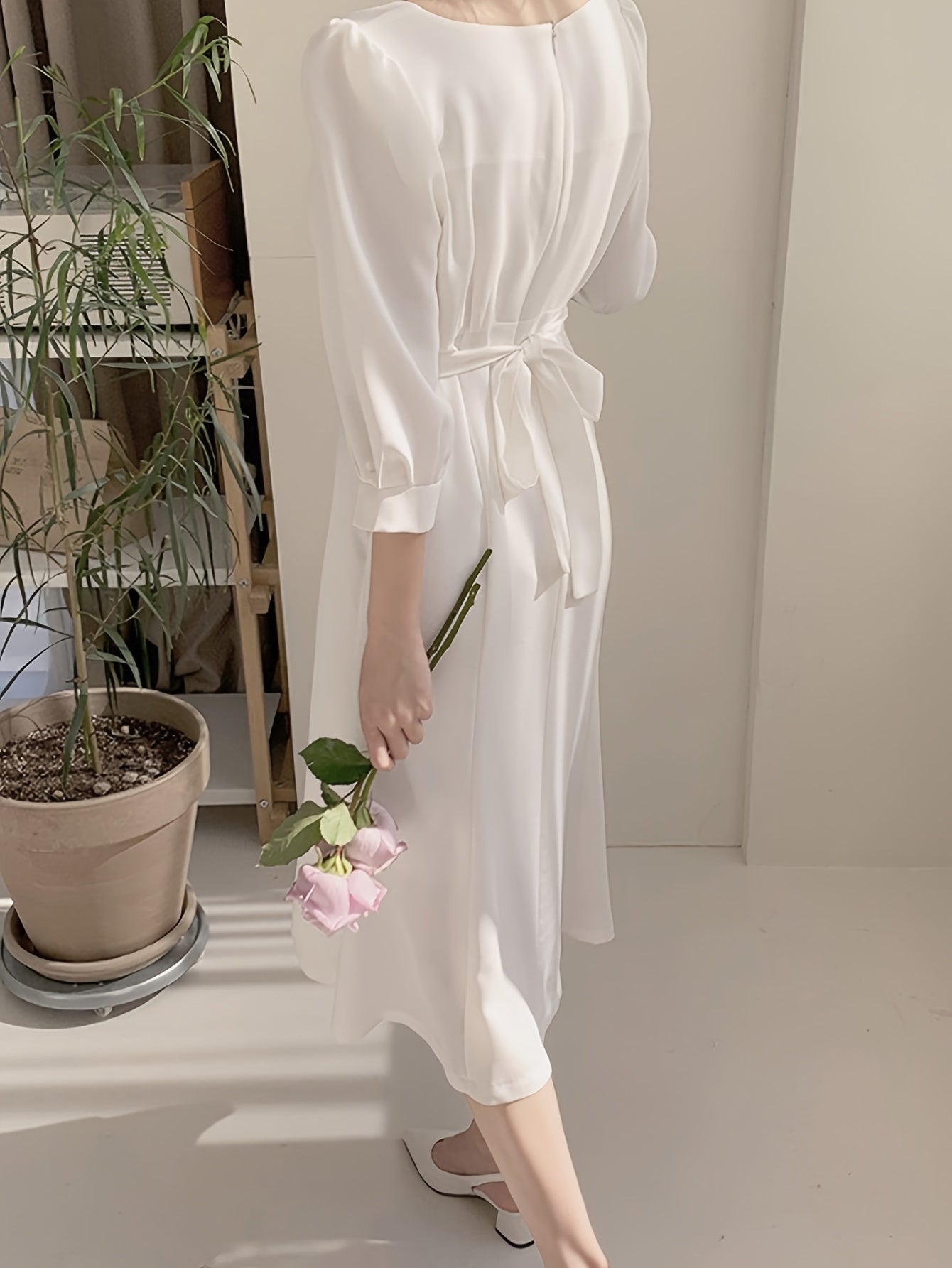 Elegant French-Inspired Square Neck Midi Dress with Tie Waist