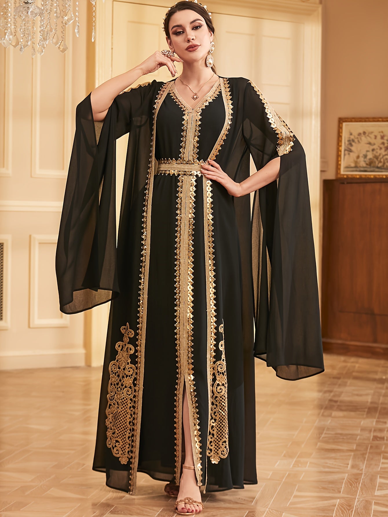 Two-piece Set: Fashion Embroidered Vest with Waist Cincher and Long Skirt + Cardigan with Sequins and Split Long Sleeves