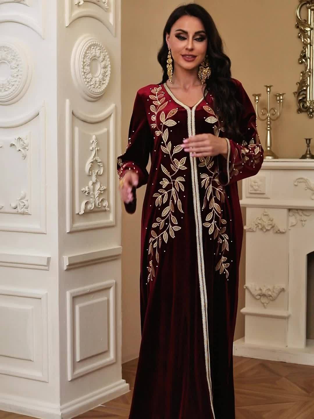 Women'S Jalabiya Ramadan Dubai Embroidery Maxi Dress Belt included Marocain V-Neck Belted Kaftan Dresses For Women Gala