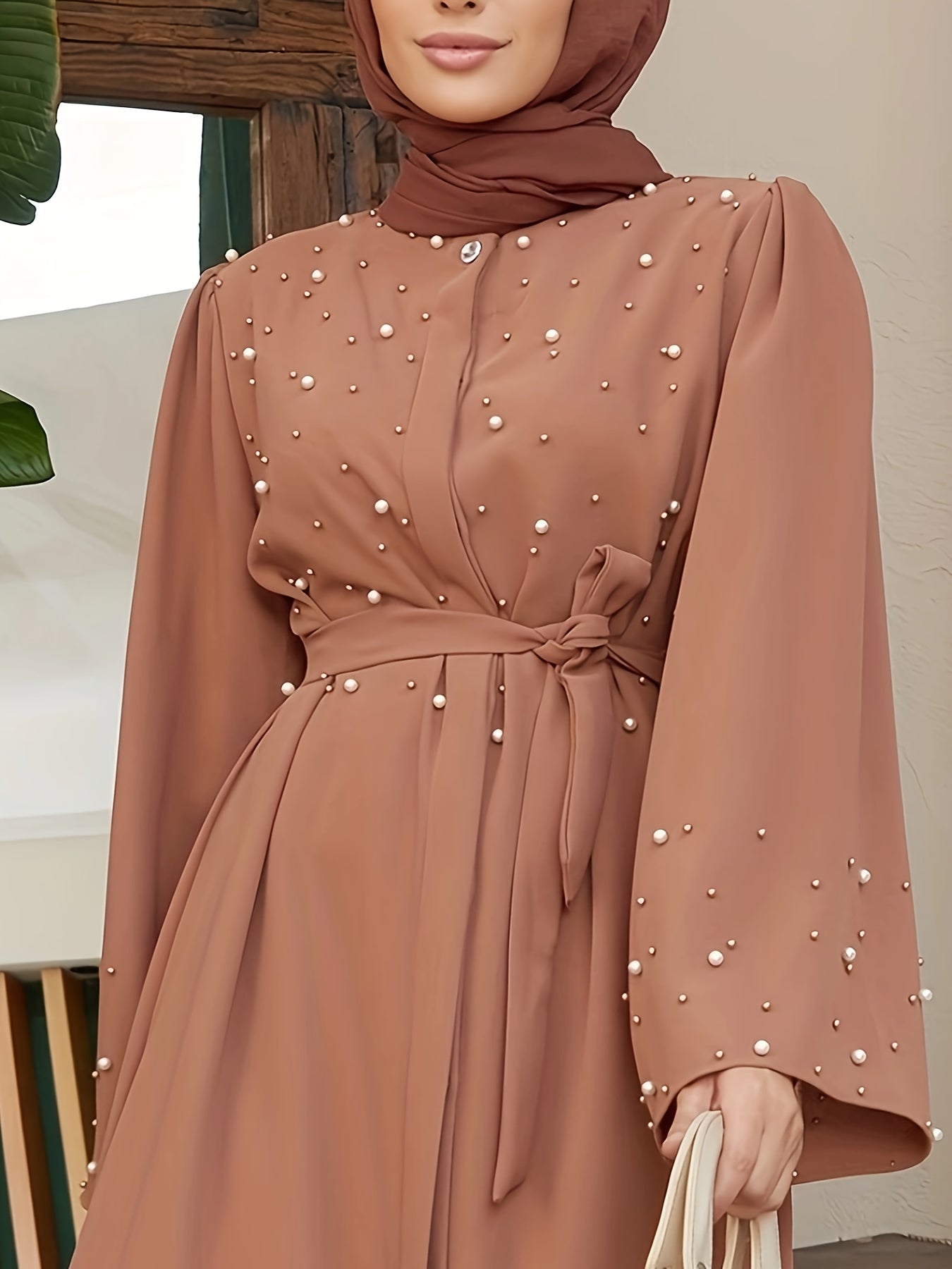 Ramadan Button Front Tie Waist Beaded Burqas, Elegant Long Sleeve Maxi Length Dress, Women's Clothing