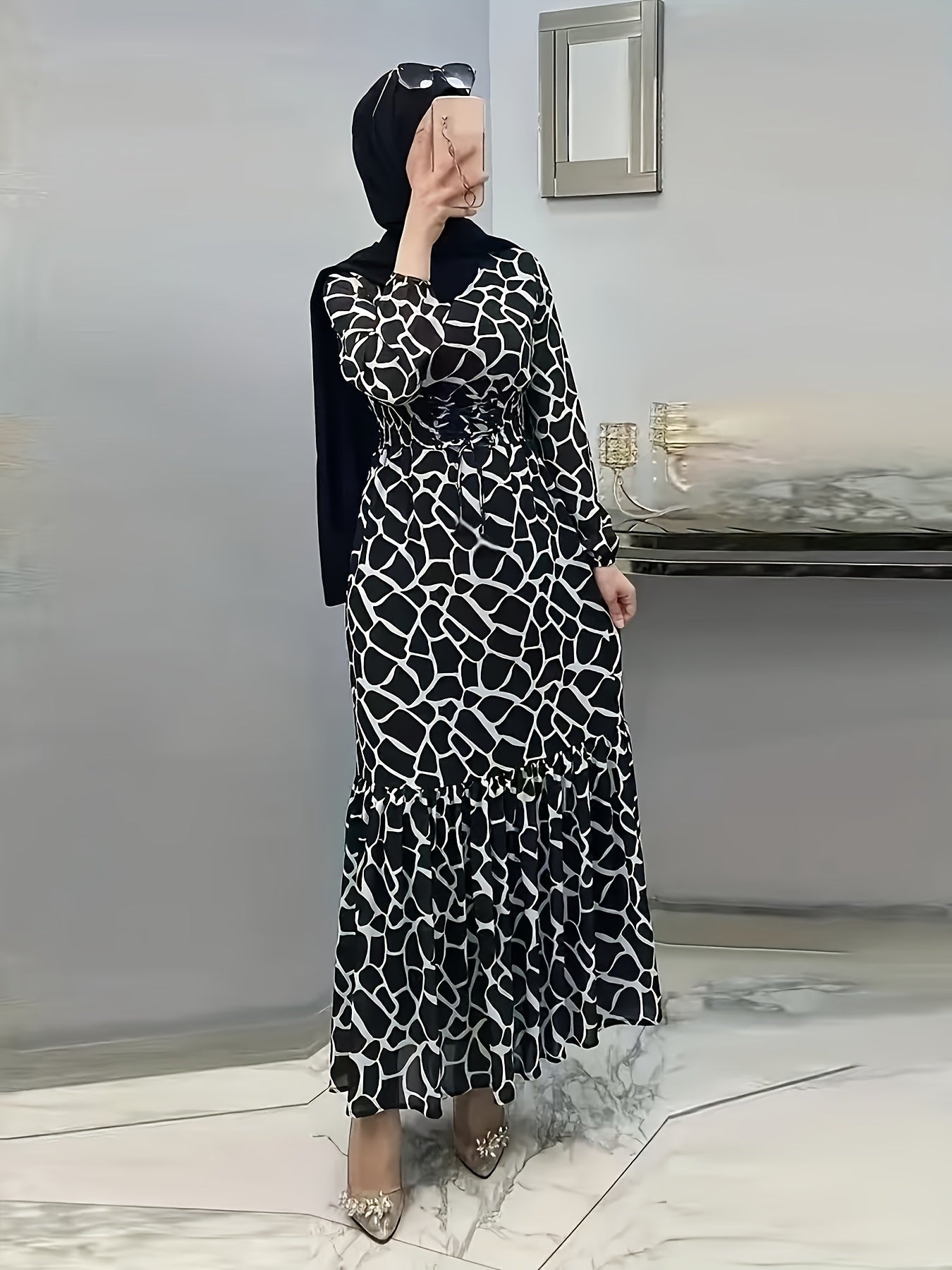 Elegant Women's Long Sleeve Kaftan Dress - Casual Geometric Print, Maxi Length with Ruffle Hem, Polyester Blend, Machine Washable - Perfect for Spring & Autumn, Arabian, Full Print