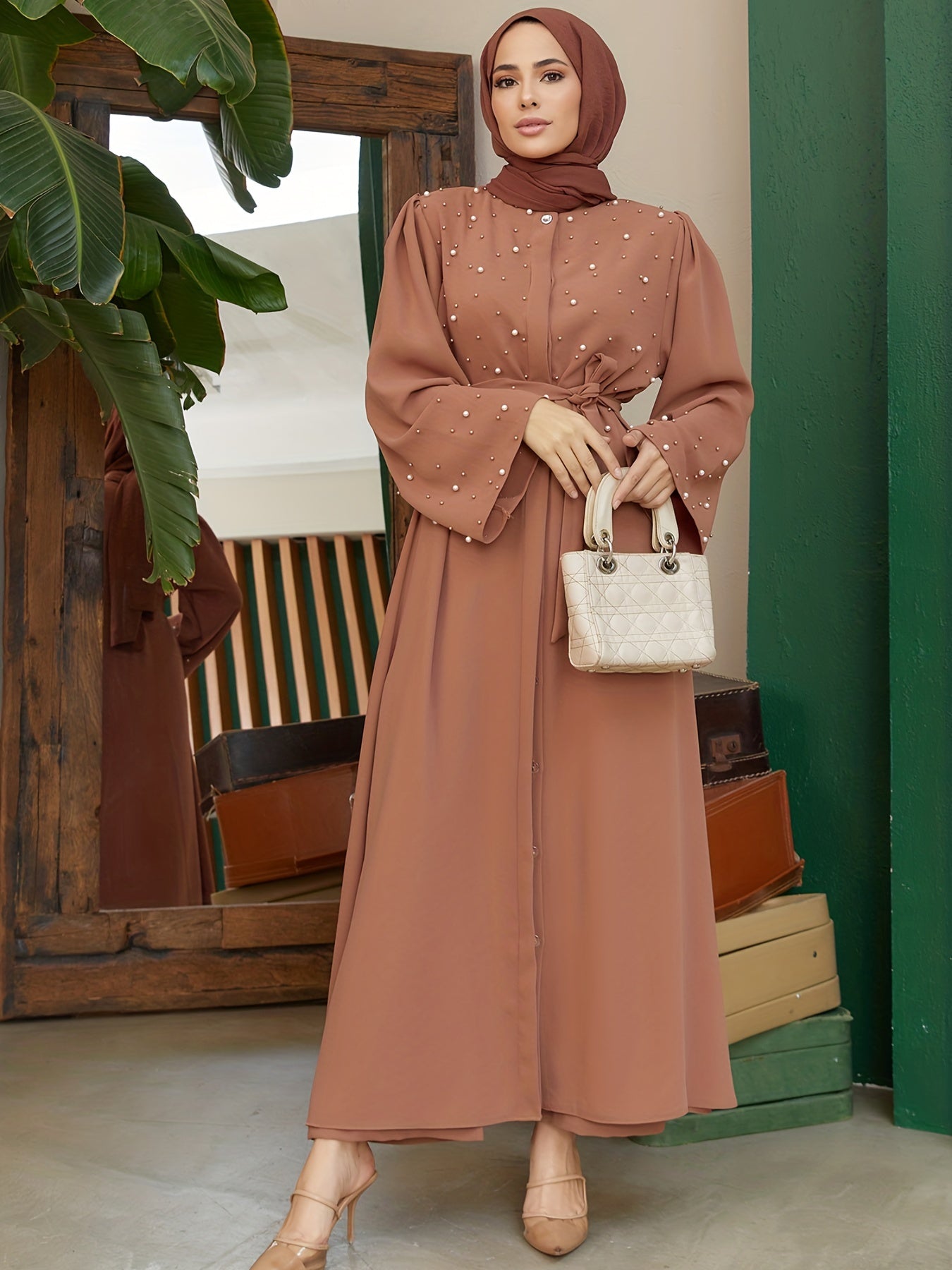 Ramadan Button Front Tie Waist Beaded Burqas, Elegant Long Sleeve Maxi Length Dress, Women's Clothing